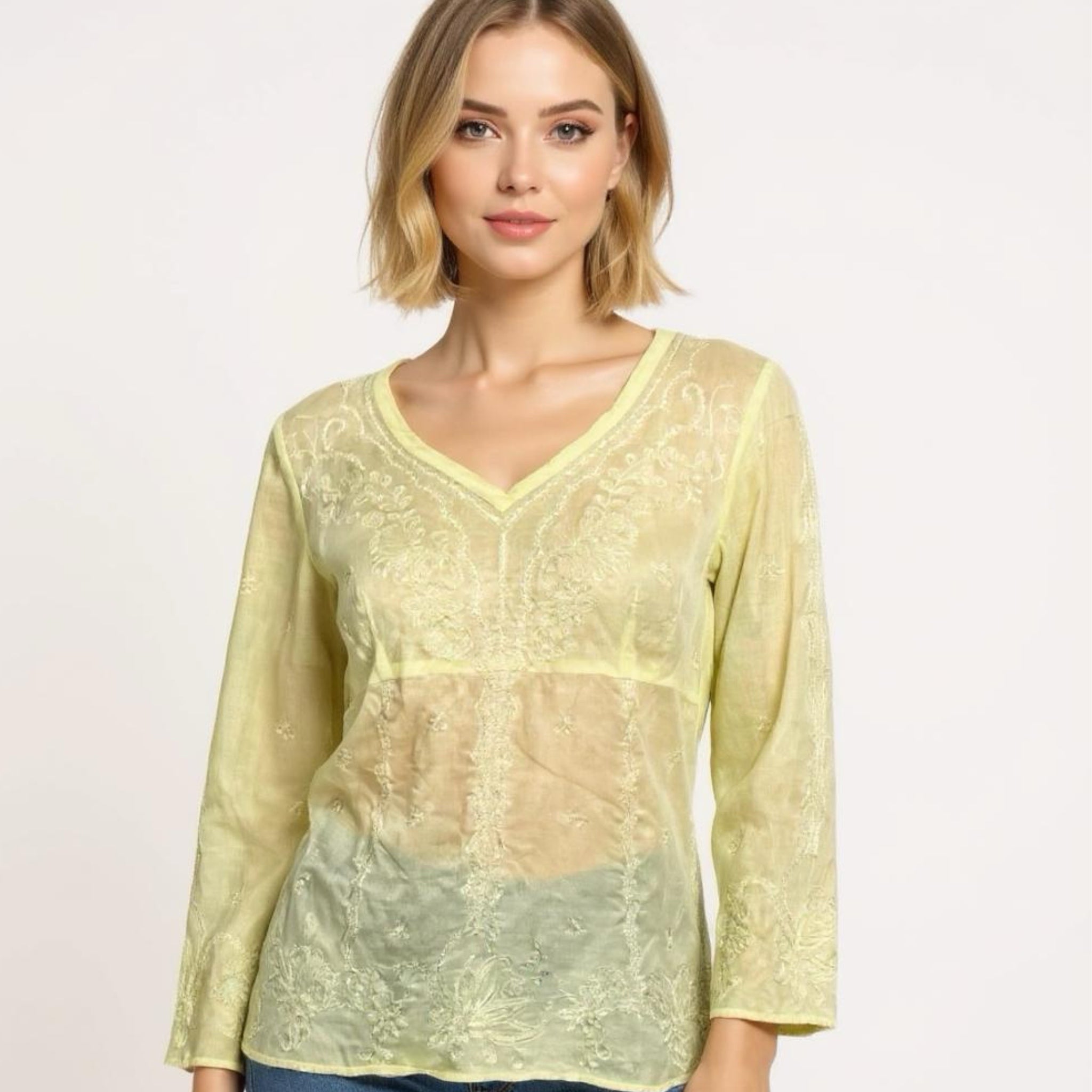 Ann Taylor Blouse Women’s Light Yellow Embroidered Top Semi Sheer V Neck Sz 6