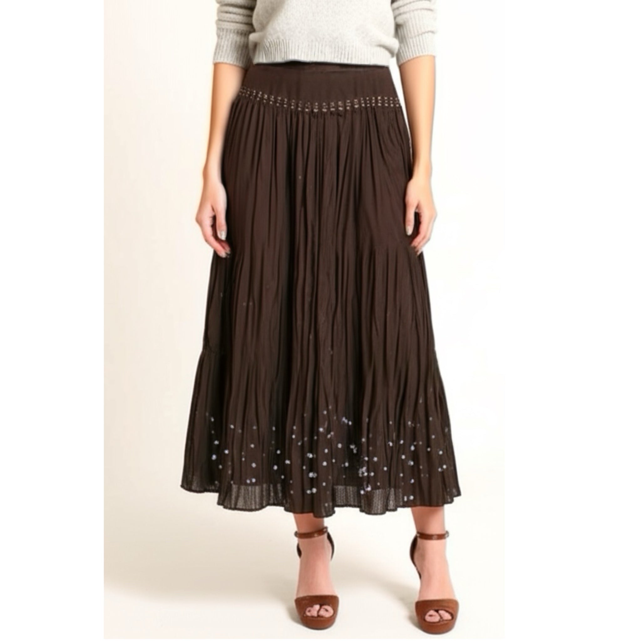 TALBOTS Petites Pure Silk Skirt Dark Evening Brown Crinkle Sequin Whimsy Sz 10