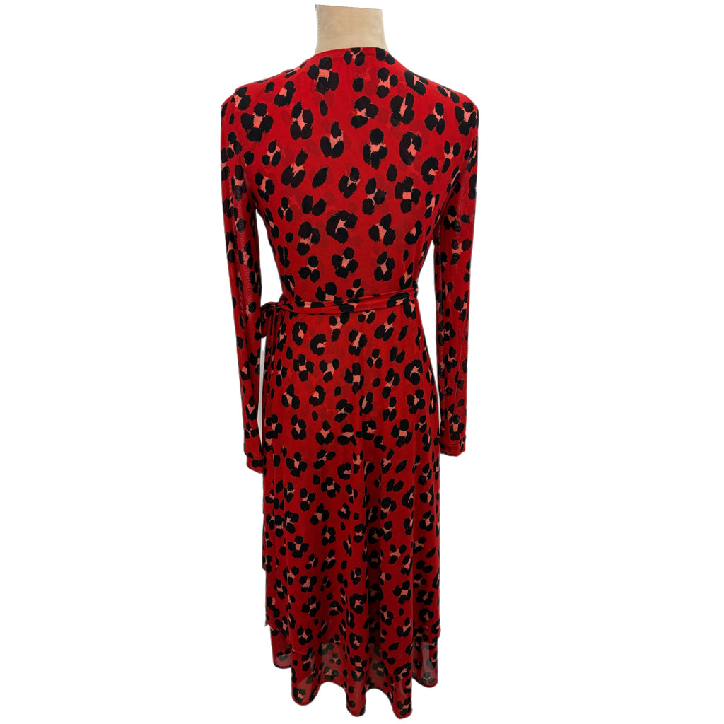 Cabi Siren Wrap Dress Red Leopard Print Midi Women’s Size XS Long Sleeve Chic