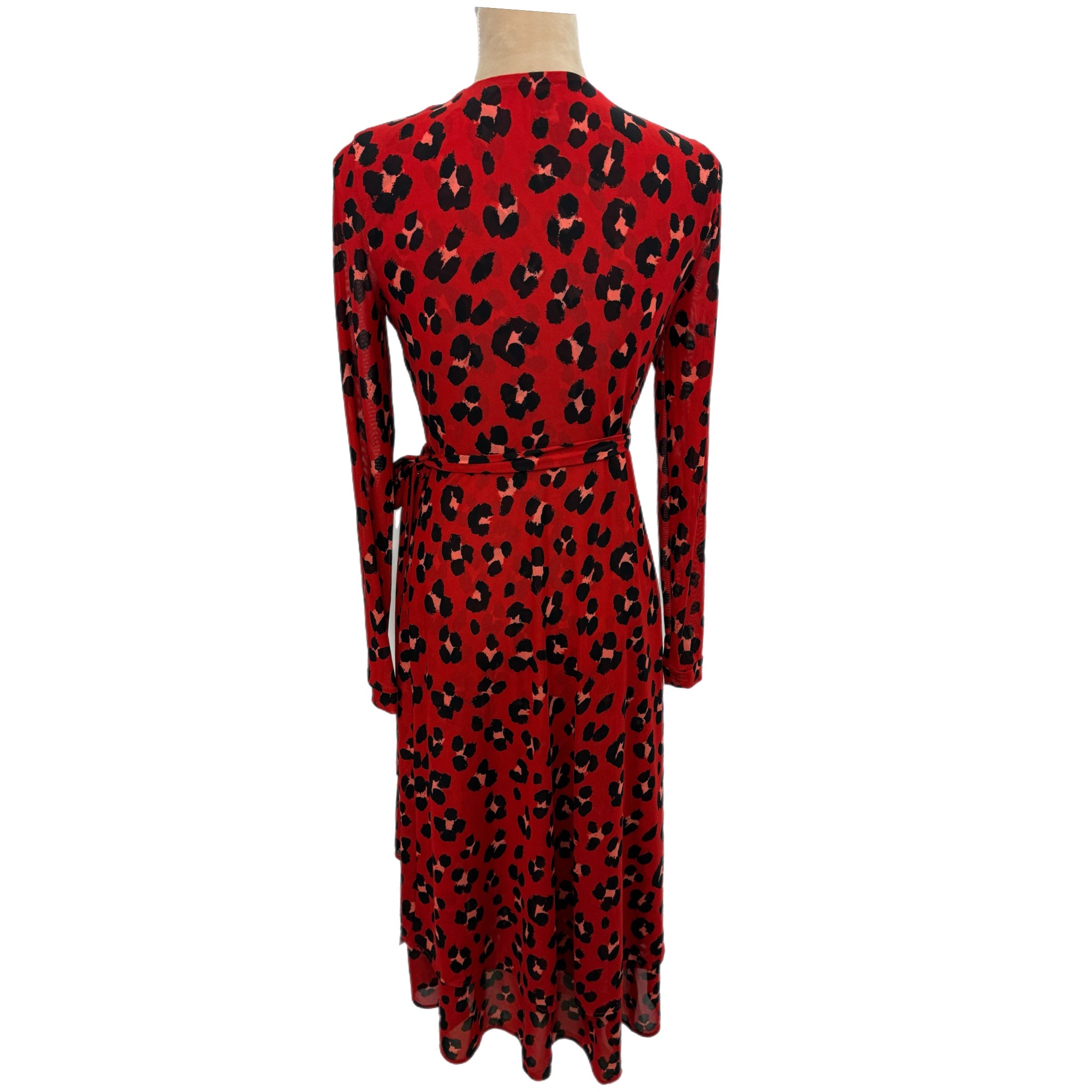Cabi Siren Wrap Dress Red Leopard Print Midi Women’s Size XS Long Sleeve Chic