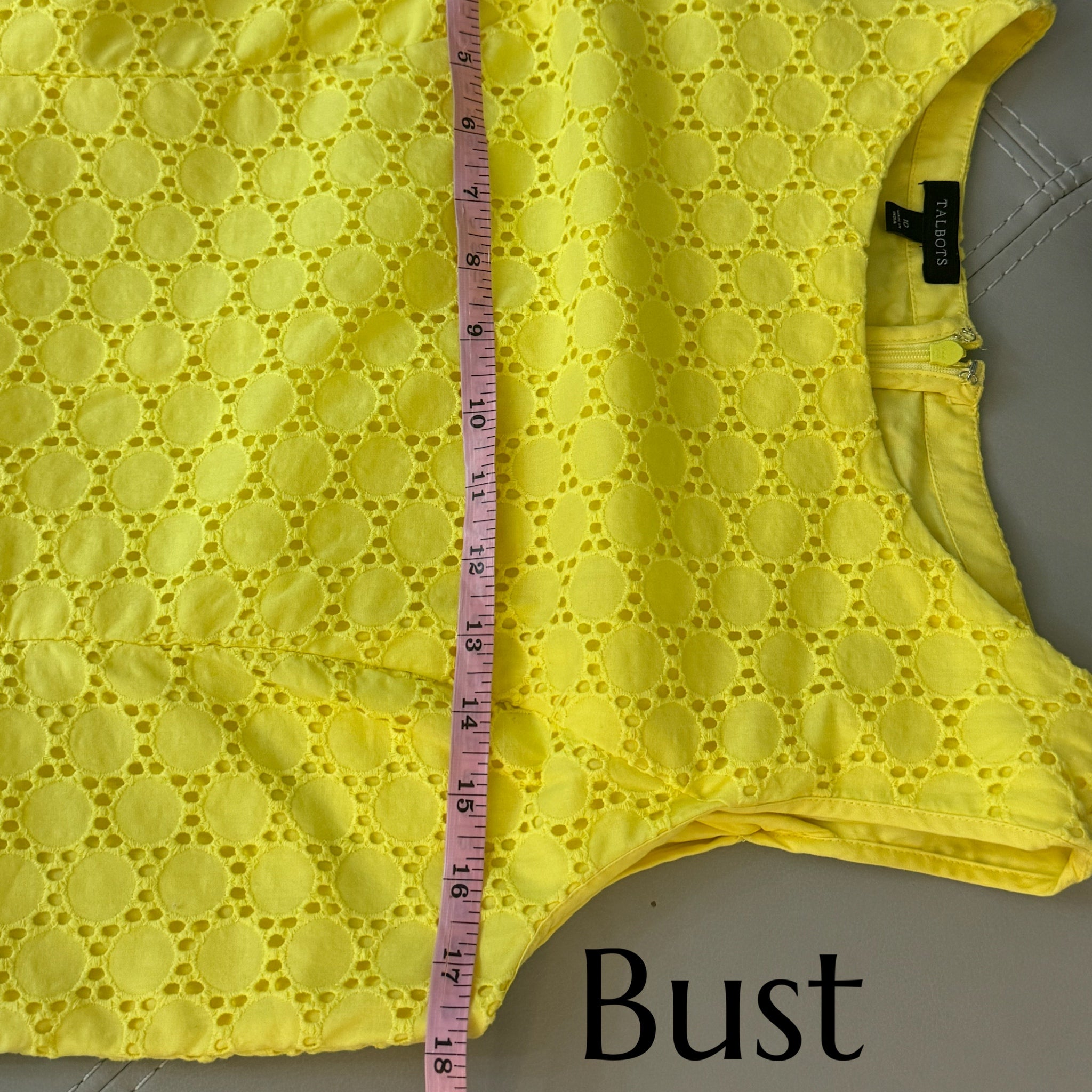 TALBOTS 100% Cotton Lemon Yellow Dress Preppy Lady Sheath Eyelet Knee Hem Sz 10