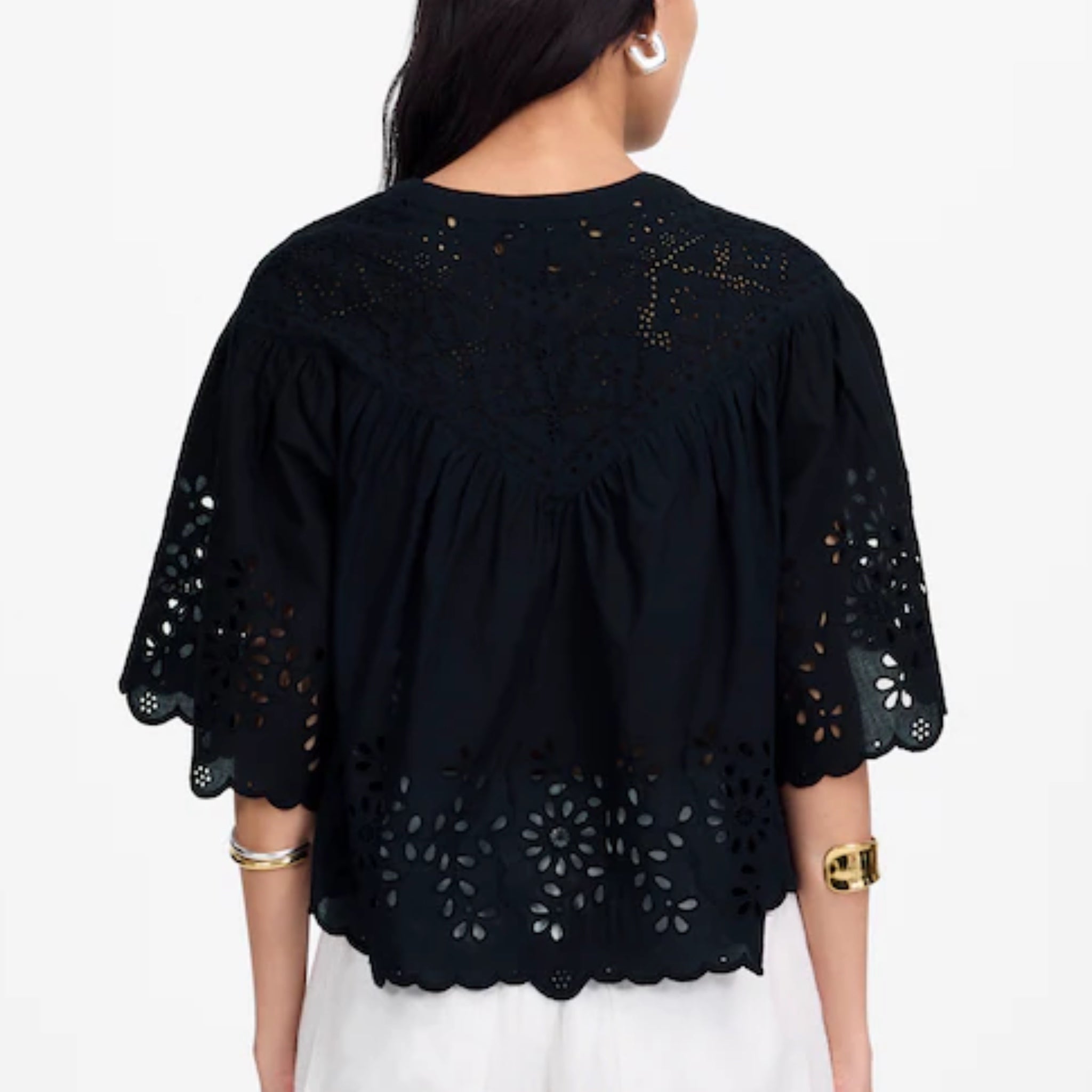 MADEWELL Women's Black Eyelet Cotton Sz S Swing Top Scalloped Hem Blouse New