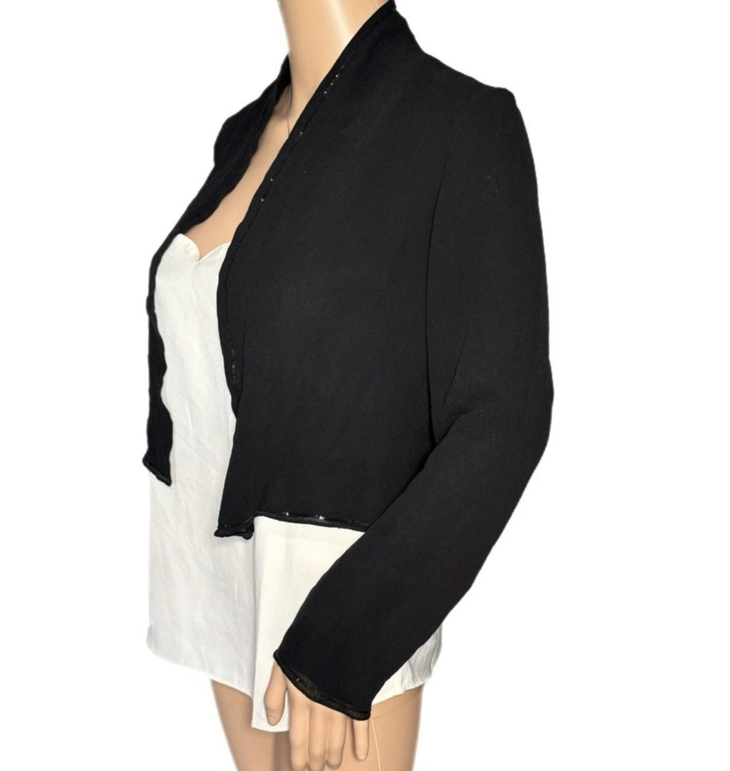 EILEEN FISHER 100% Silk Open Front Sheer BlouseBlack Sequin Trim Elegant Crop XS