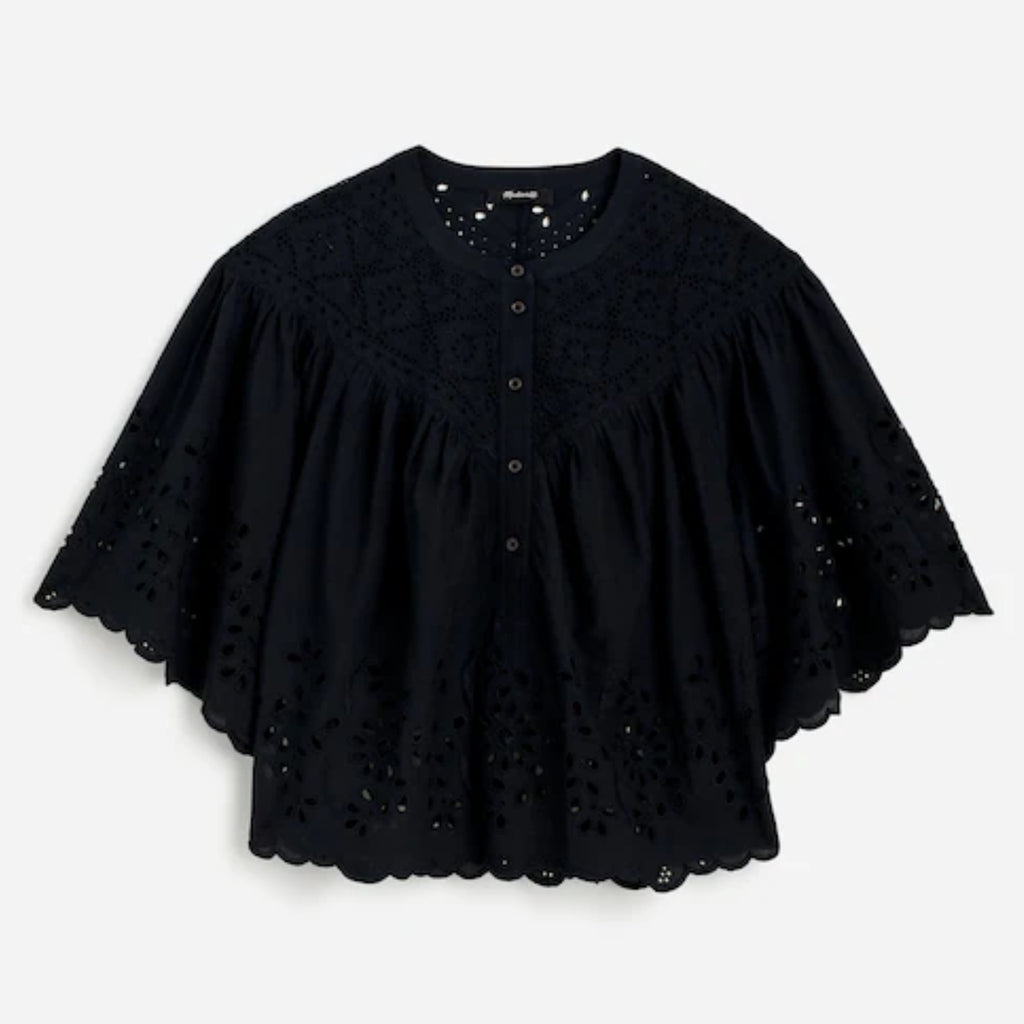 MADEWELL Women's Black Eyelet Cotton Sz S Swing Top Scalloped Hem Blouse New