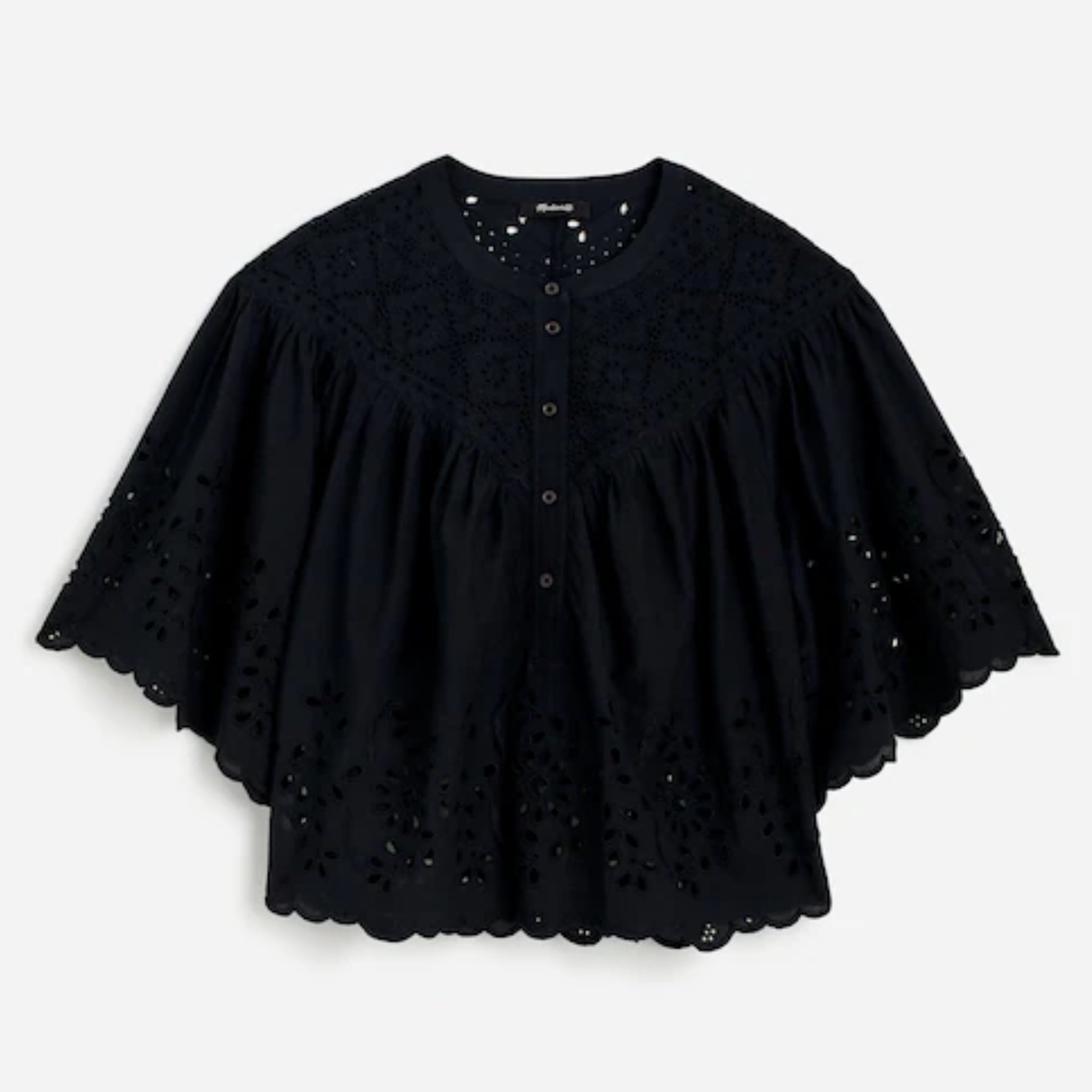 MADEWELL Women's Black Eyelet Cotton Sz S Swing Top Scalloped Hem Blouse New