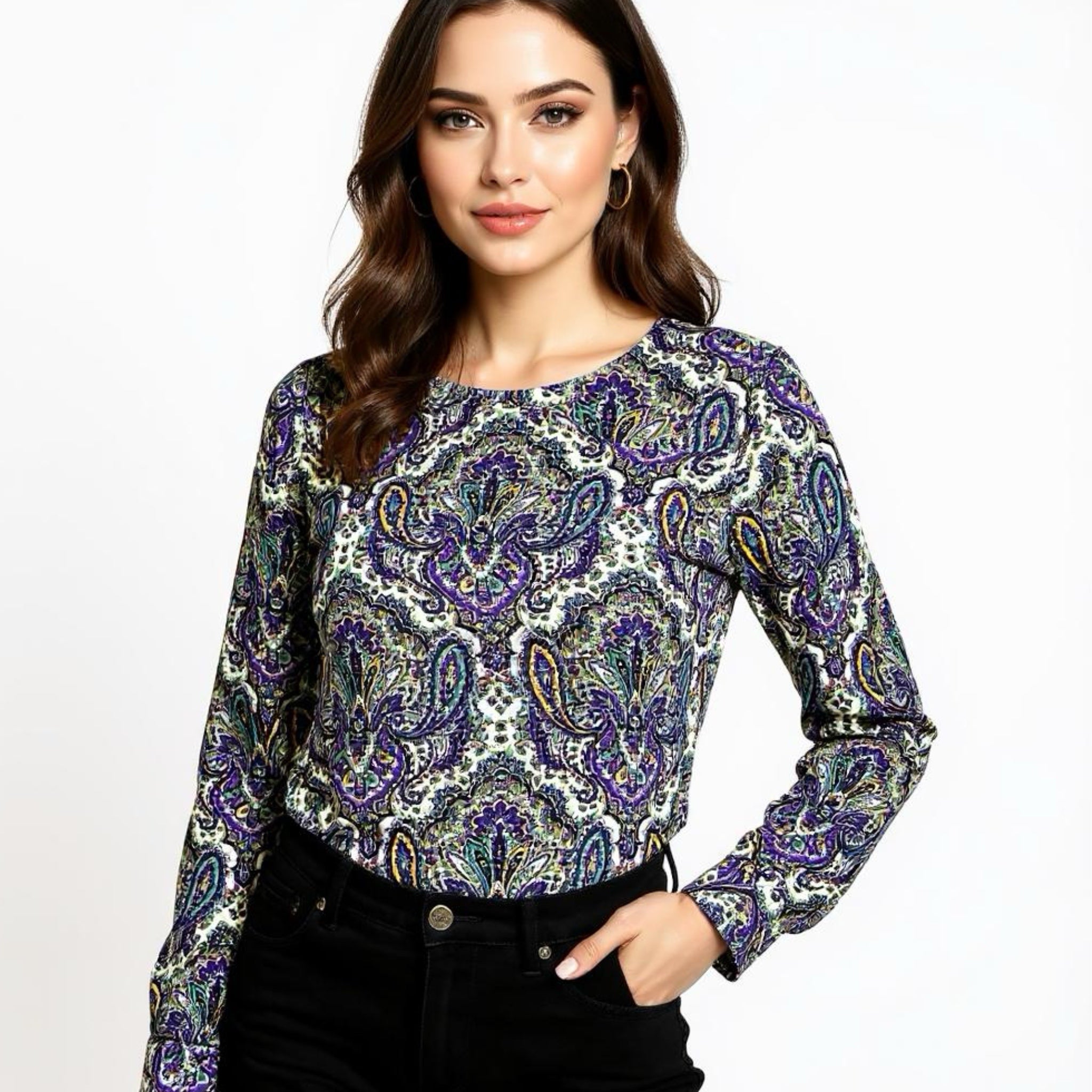 J CREW Preppy Blouse Womens Purple Boho Lovely Paisley Top Long Sleeve Sz 8