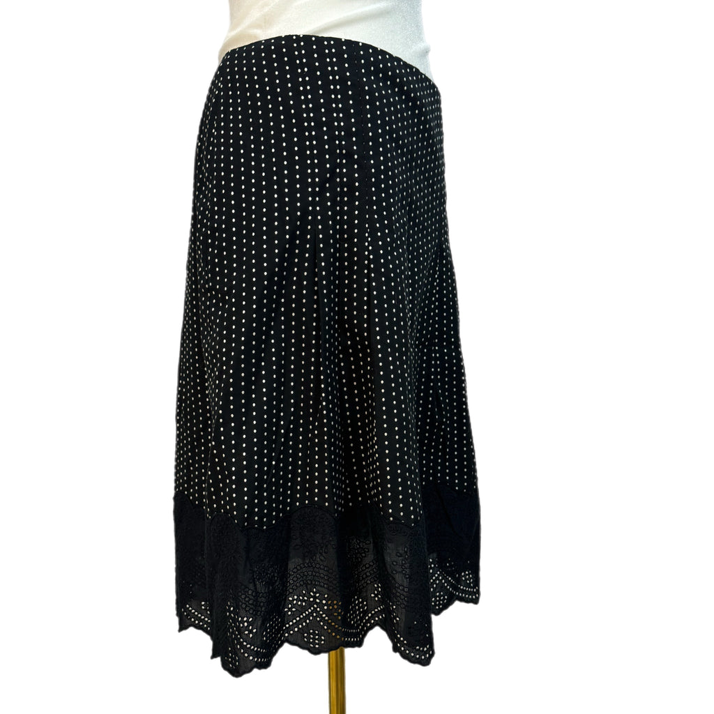 ANN TAYLOR Black Polka Dot Skirt Women’s 100% Cotton Full Knee Lace Hem Sz 6P