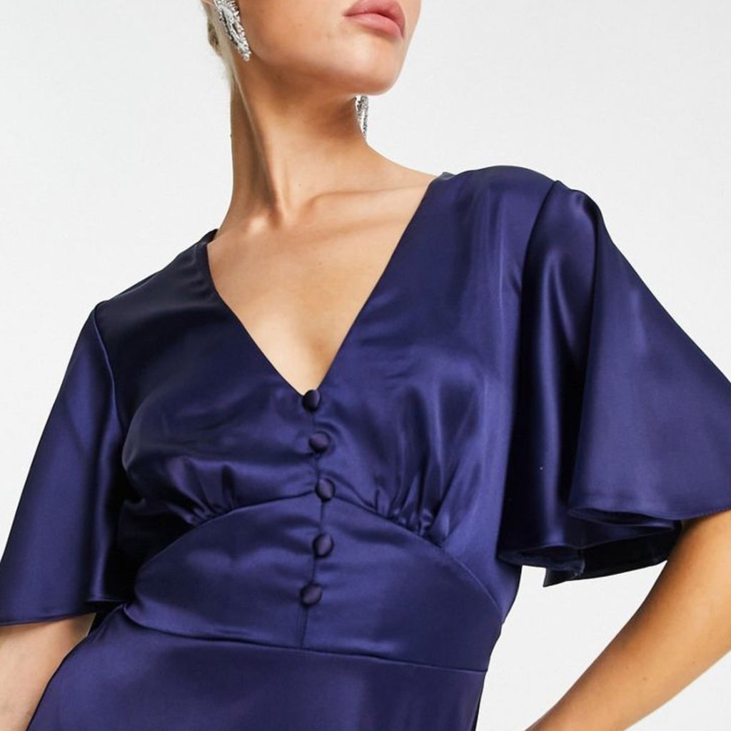 FLOUNCE LONDON Navy Satin Flutter Sleeve Mini Dress Short Sleeve V Neck Sz 16