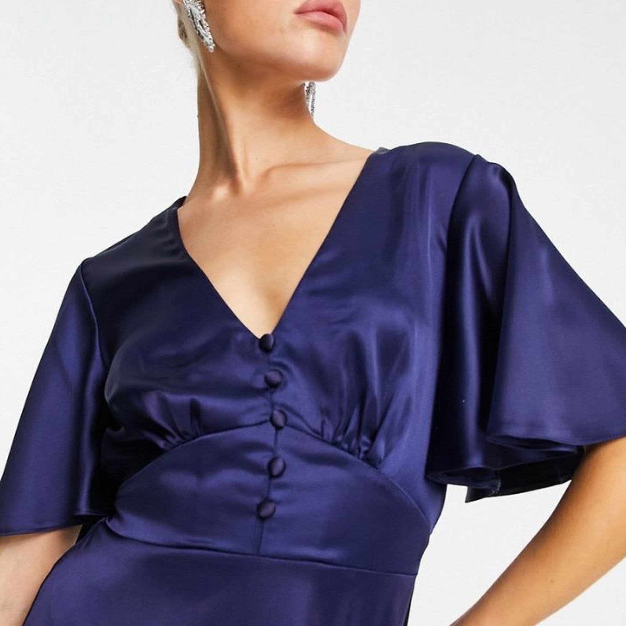 FLOUNCE LONDON Navy Satin Flutter Sleeve Mini Dress Short Sleeve V Neck Sz 16