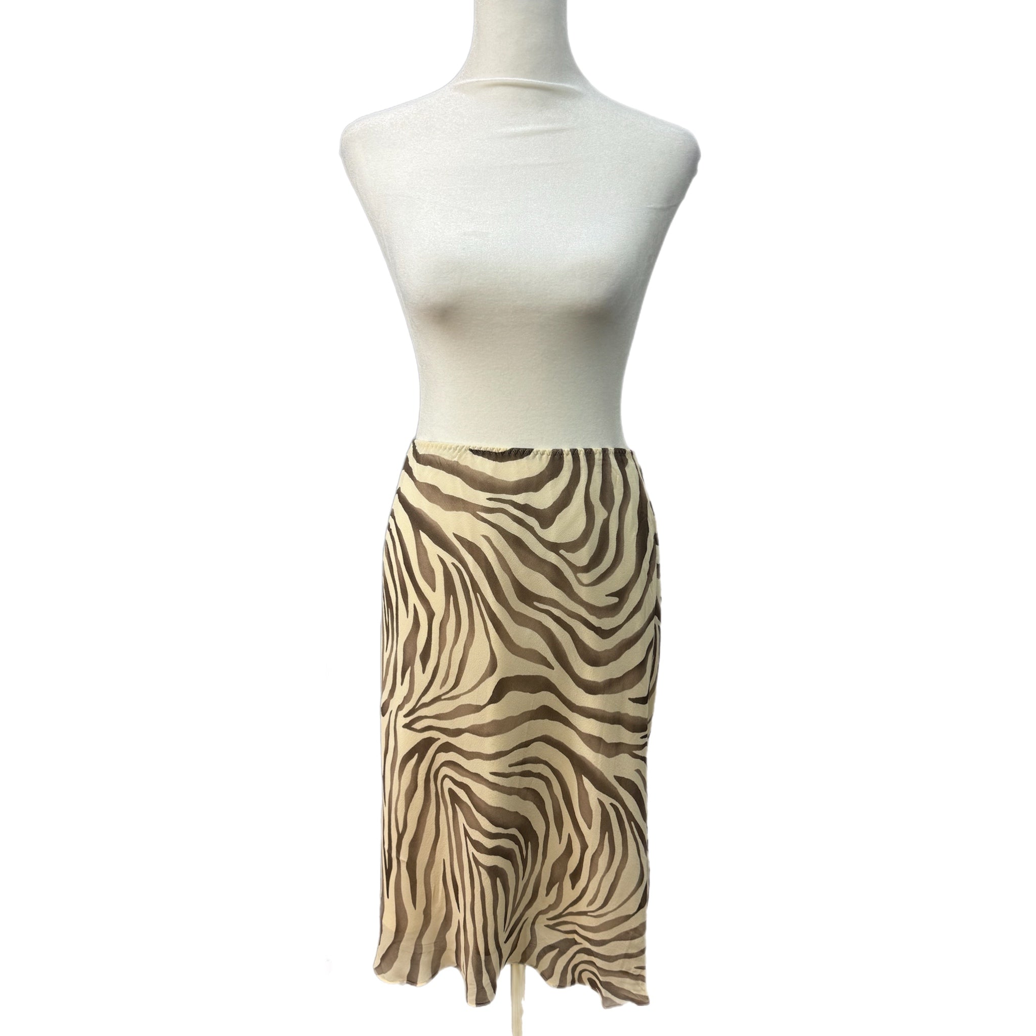 Vintage Y2K BANANA REPUBLIC 100% SILK Circa 2003 Midi Skirt Beige Zebra Mod Sz 8