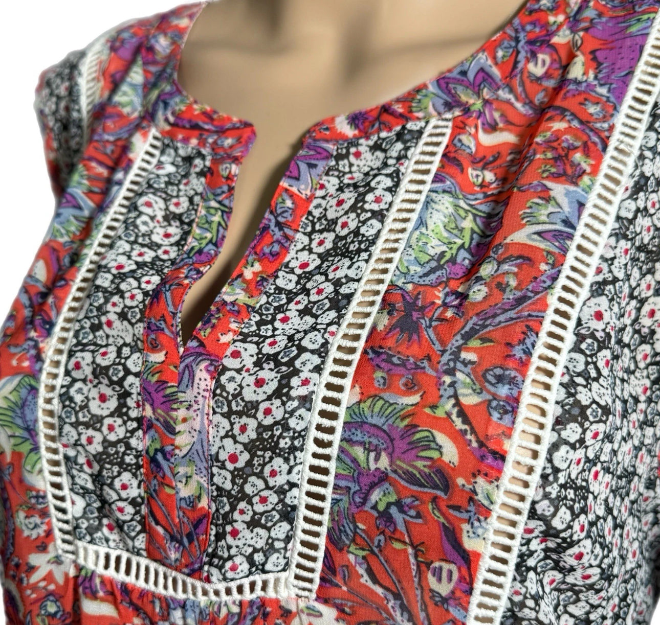 Anthropologie Meadow Rue Floral Sleeveless Blouse Boho Crochet Semi-Sheer Sz S
