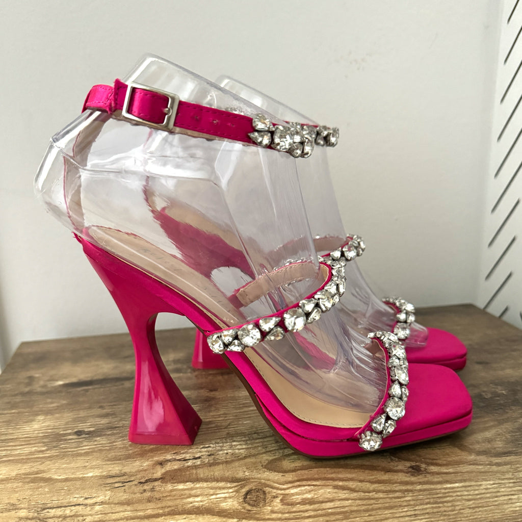 Betsey Johnson SB-Perry Women's Heels Pink Rhinestone Strap Blue Bottoms Sz 6.5