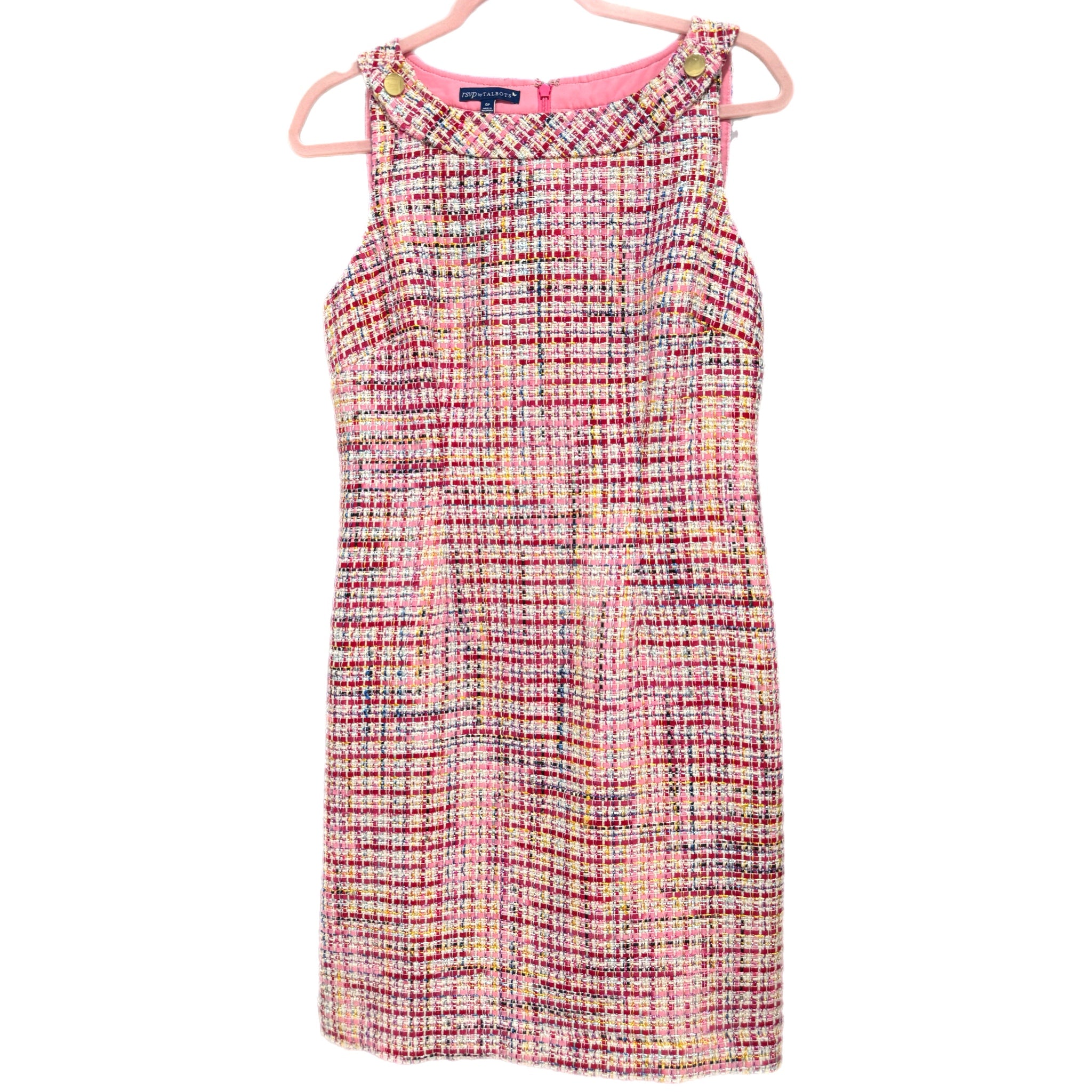 rsvp by Talbots Preppy Lady Pink Tweed Dress Sleeveless Sheath Gold Button Sz 6P