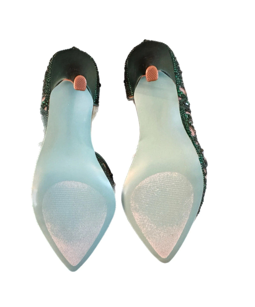 Betsey Johnson Blue Bottom Green Crystal Beaded d’Orsay Pumps Showstopper Heels Sz 8.5