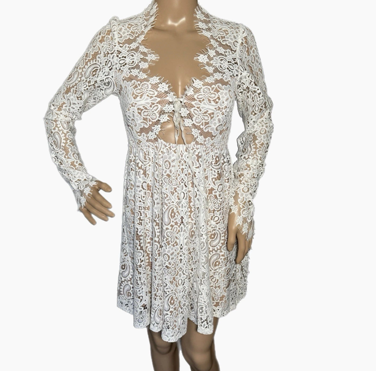 FOR LOVE & LEMONS Charlie Dress White Lace Long Sleeve Hippie Chic Mini Sz S