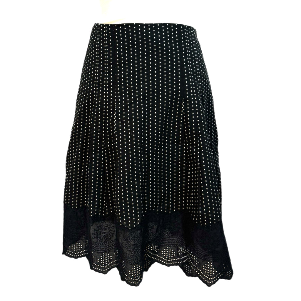 ANN TAYLOR Black Polka Dot Skirt Women’s 100% Cotton Full Knee Lace Hem Sz 6P