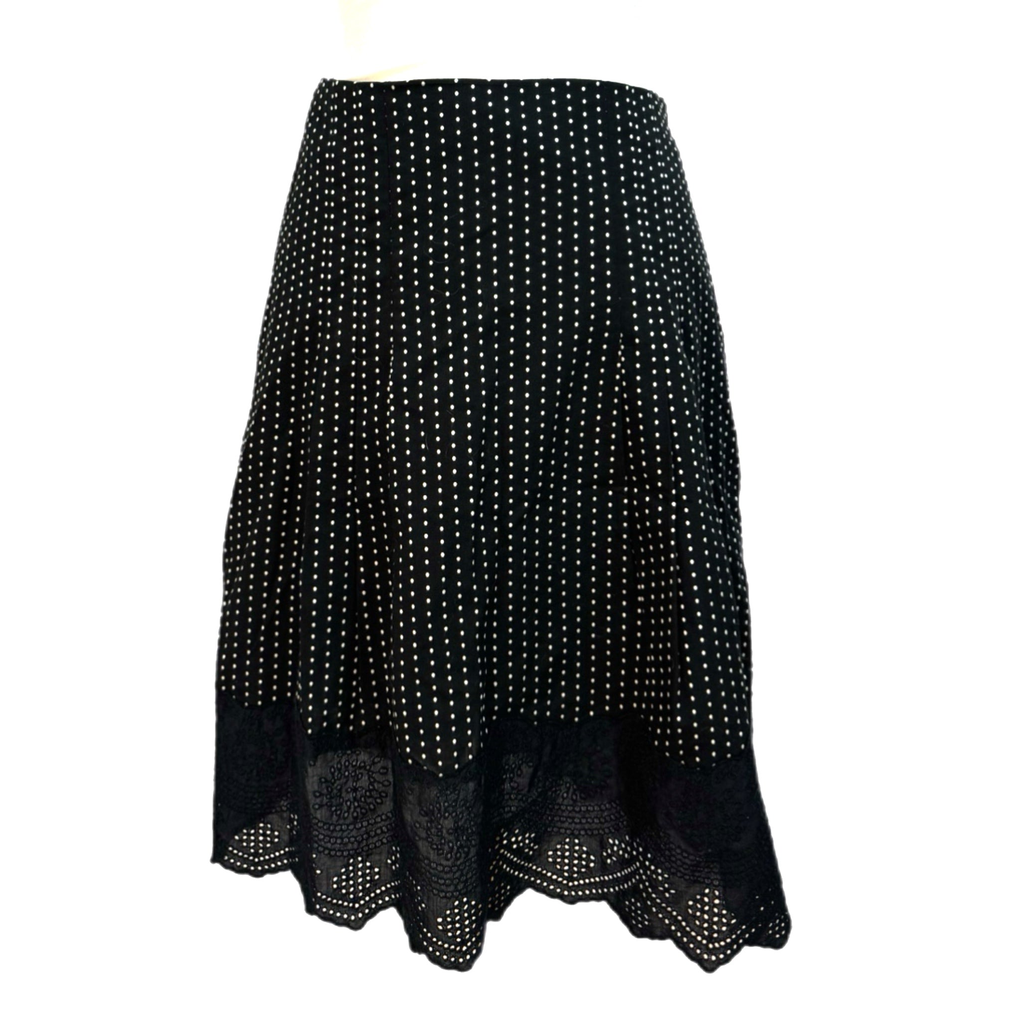 ANN TAYLOR Black Polka Dot Skirt Women’s 100% Cotton Full Knee Lace Hem Sz 6P
