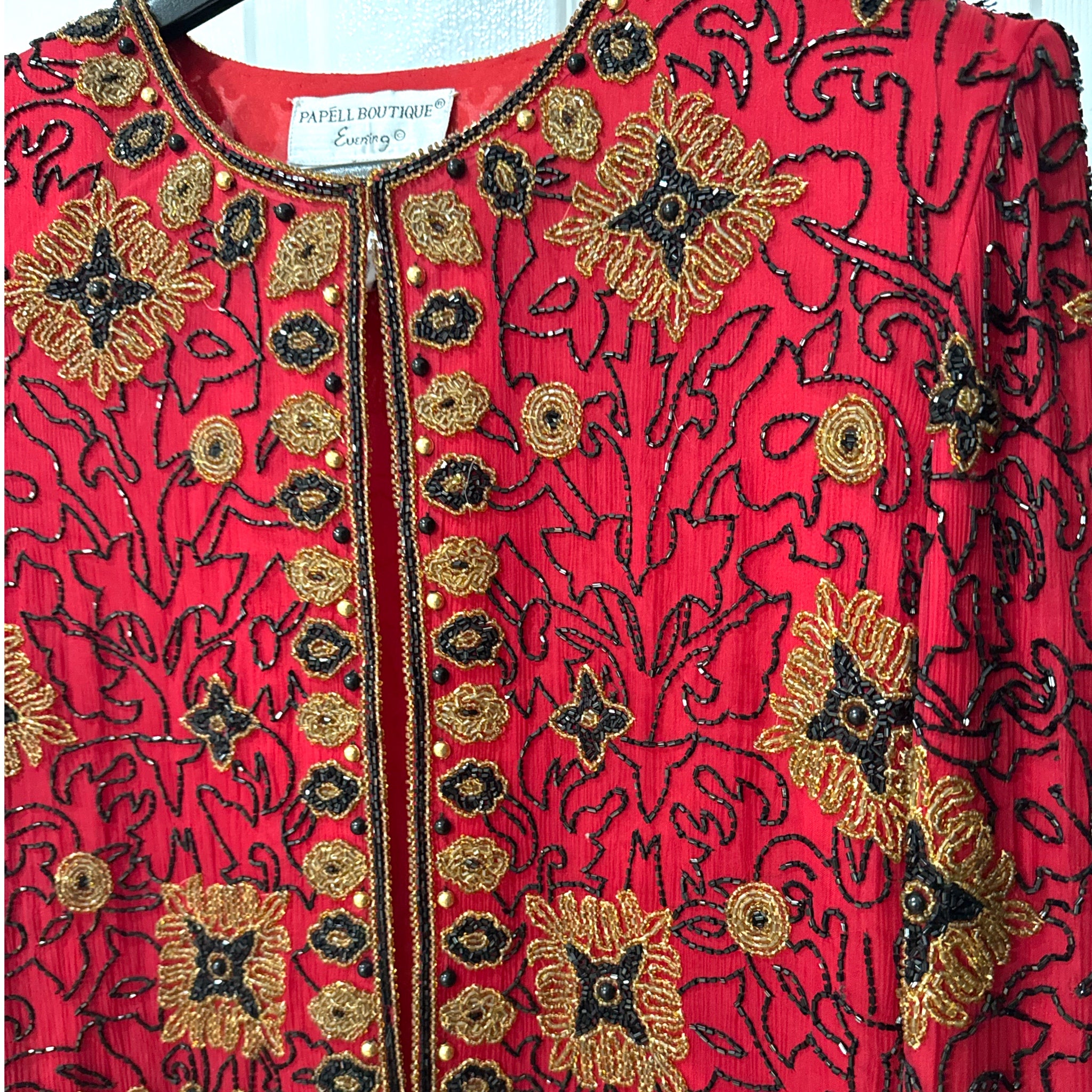 Adrianna Papell 1994 Silk Beaded Jacket Red Black Gold Evening Formal Vintage Sz S