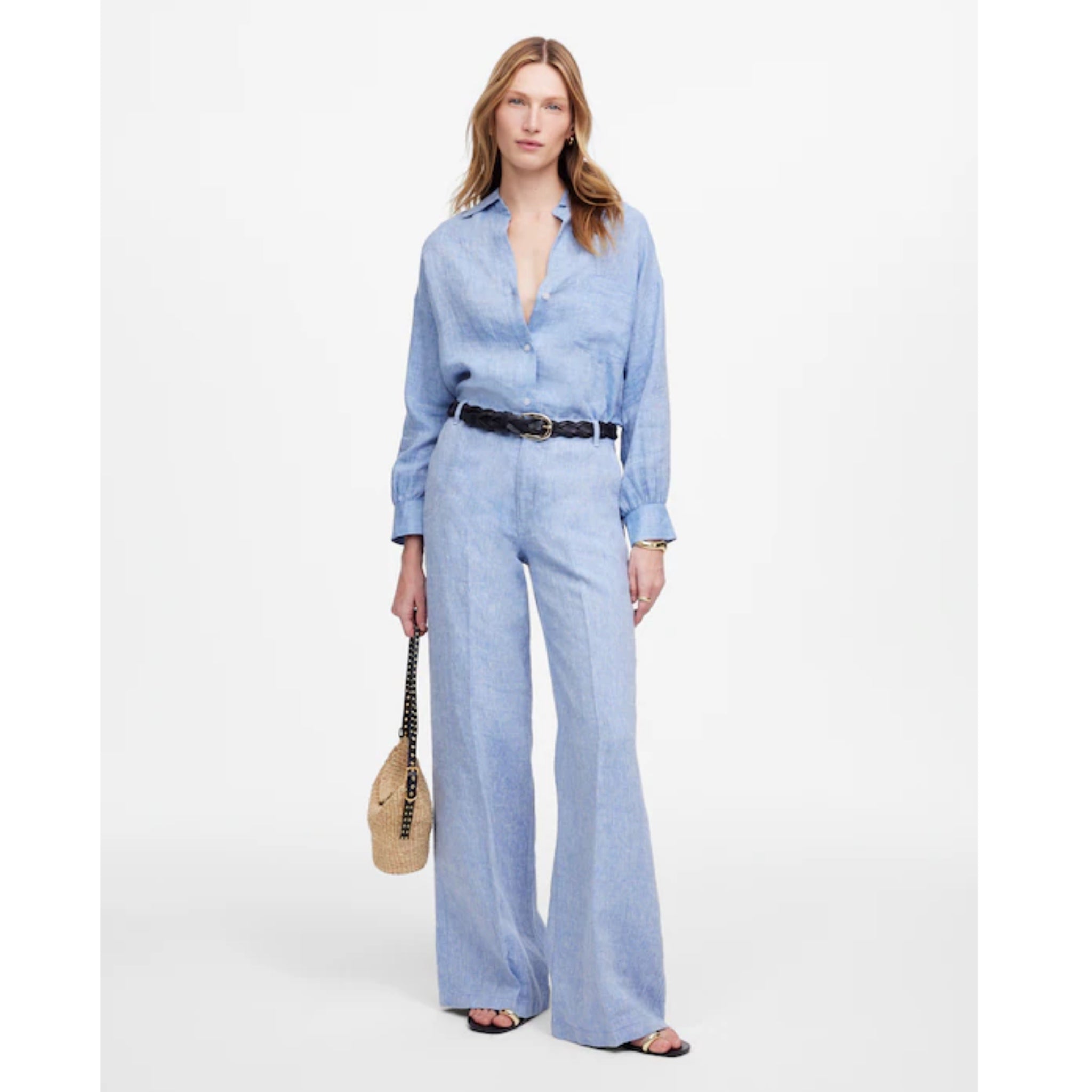 MADEWELL Shirred Button Up Linen Shirt Women’s Sz Small Sunfaded Blue Top NWT