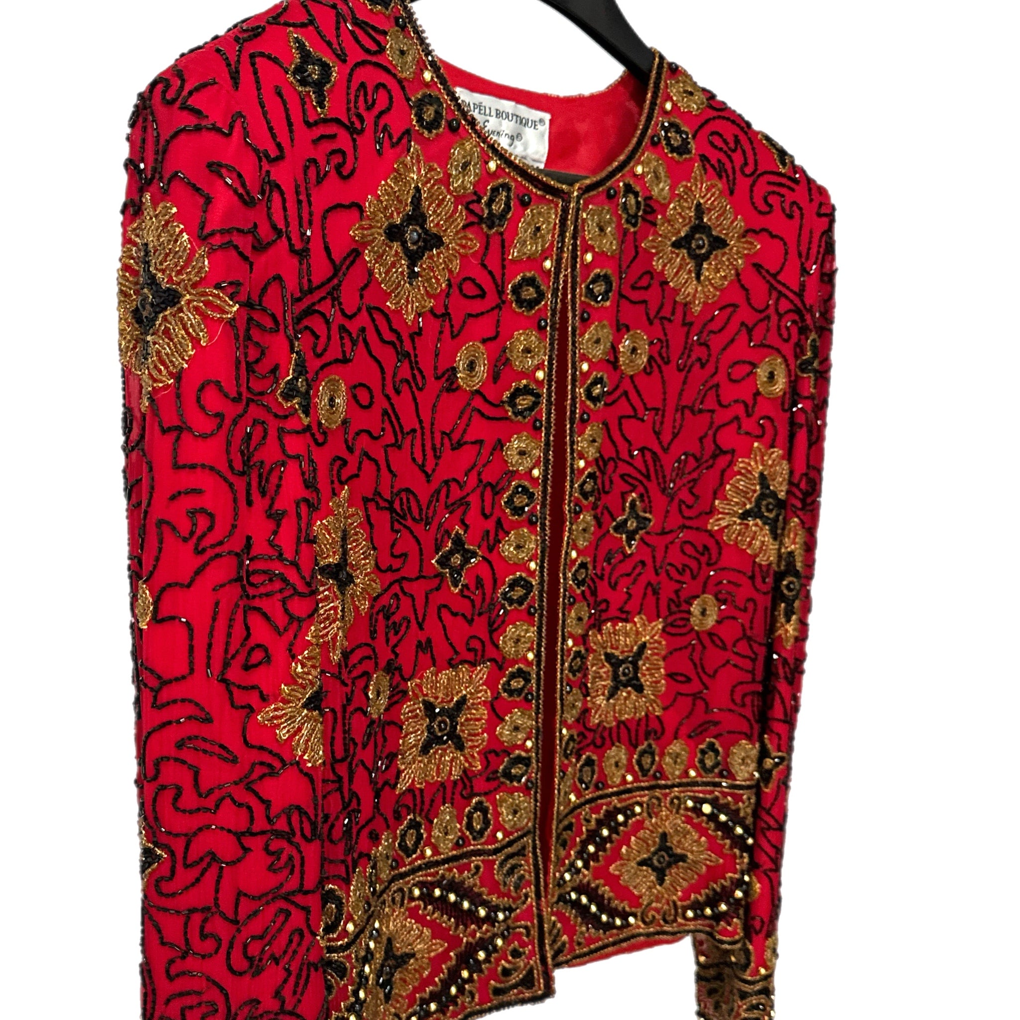 Adrianna Papell 1994 Silk Beaded Jacket Red Black Gold Evening Formal Vintage Sz S