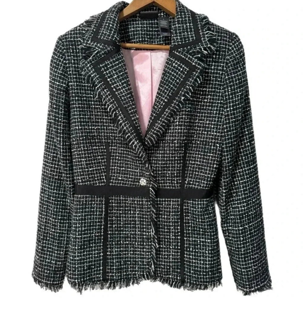BISOU BISOU Michelle Bohbot Black & White Tweed Blazer Jacket Sz 6 Small