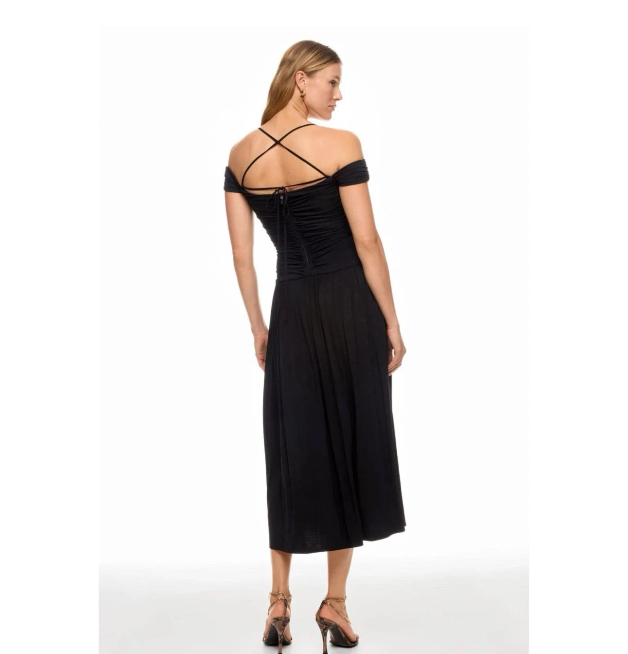 Rosetta Getty Collective Off Shoulder Black Ruched Midi Dress Sz 4 | MSRP $485