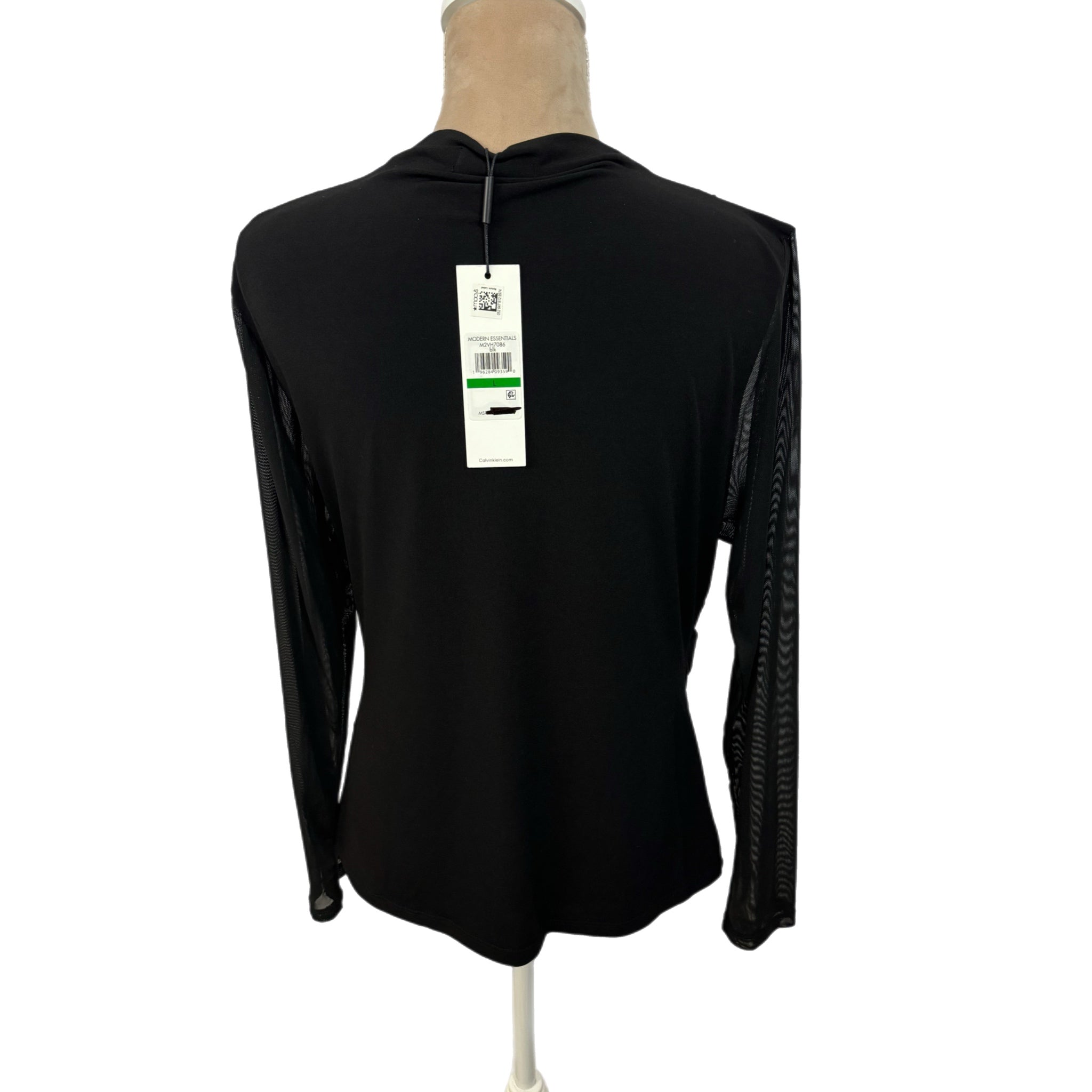Calvin Klein Modern Essentials Black Blouse NWT Sheer Sleeve Women’s Size L