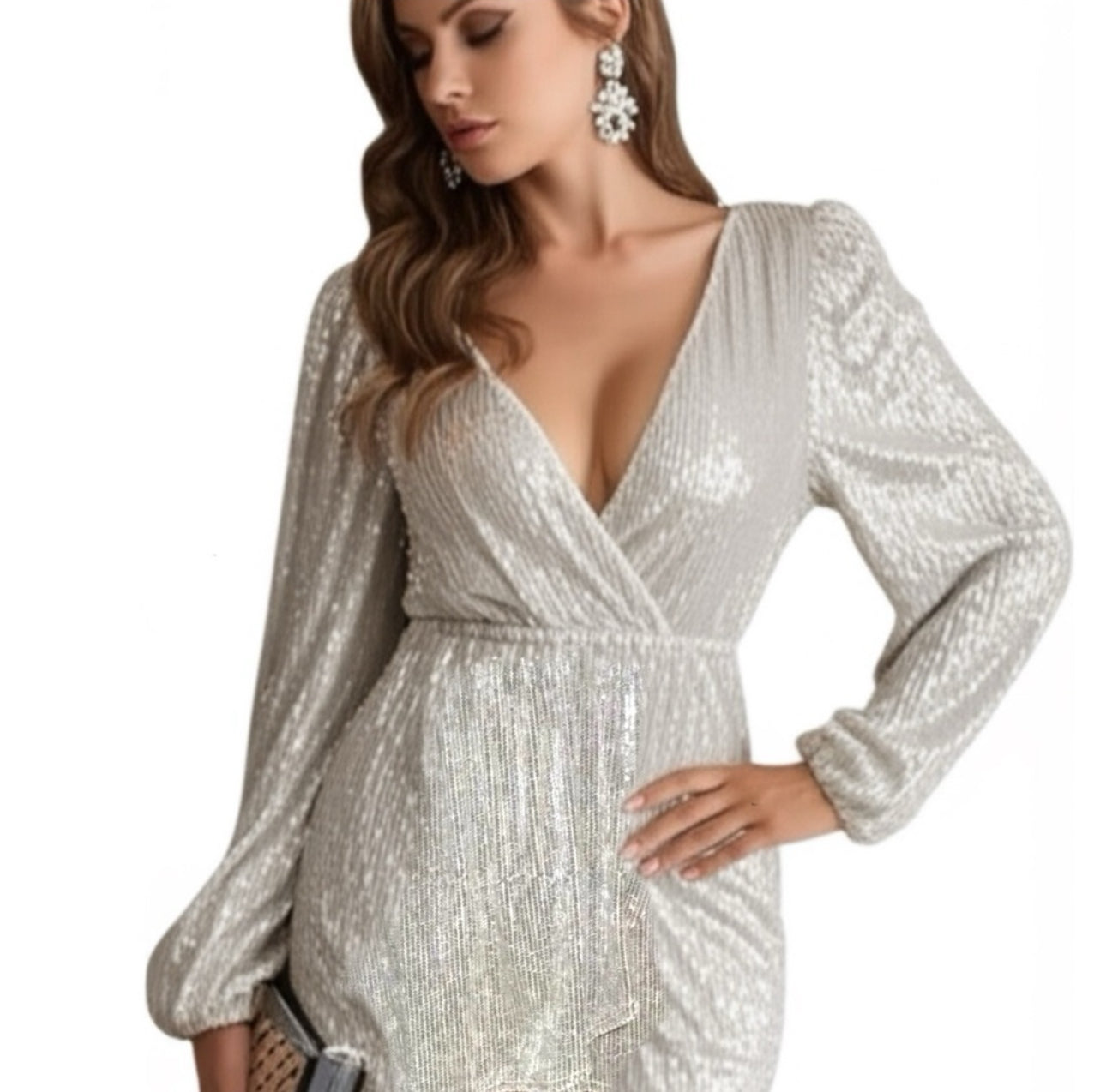AKIRA White Silver Sequin Cocktail Mini Dress Long Sleeve V Neck Sz S