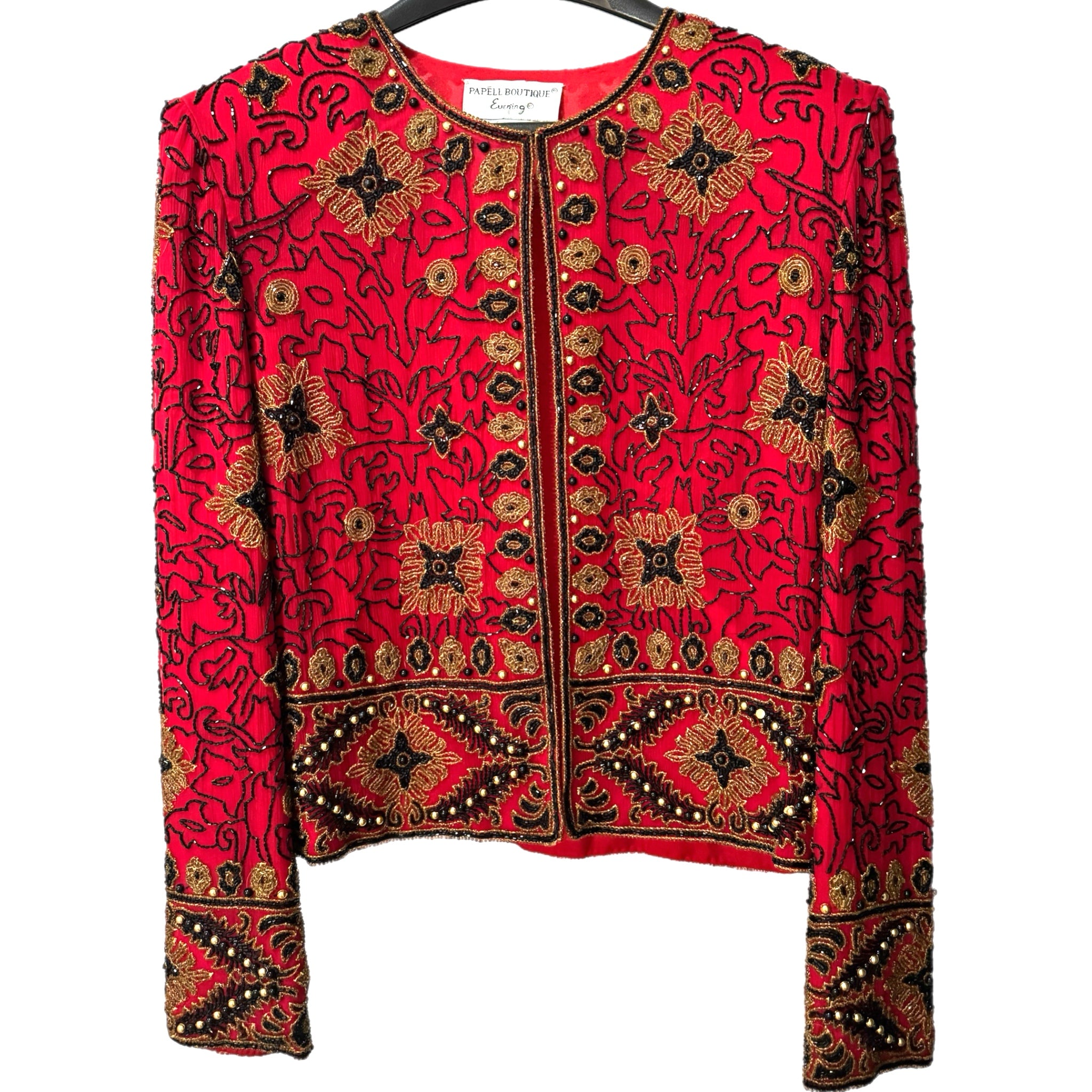 Adrianna Papell 1994 Silk Beaded Jacket Red Black Gold Evening Formal Vintage Sz S