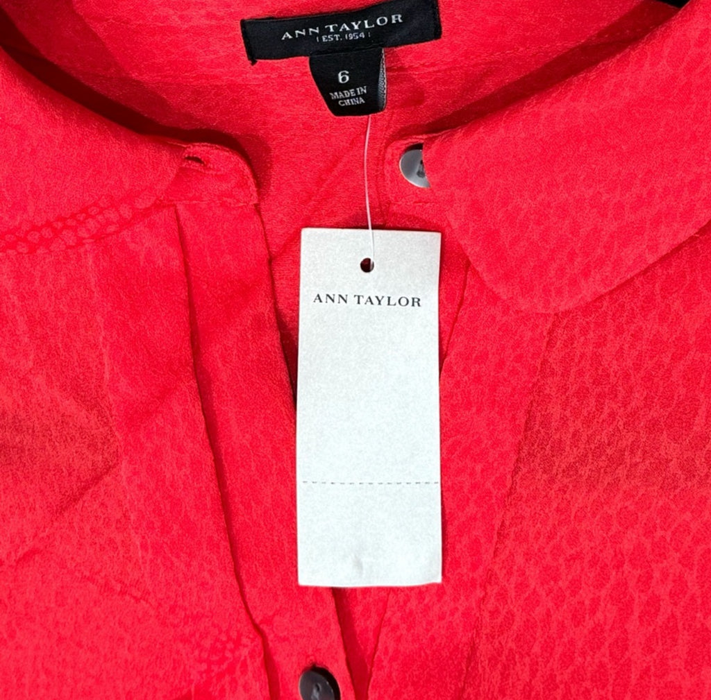 Ann Taylor Crimson Red Blouse Button-Up Top Pleated NWT Sz 6 MSRP $98