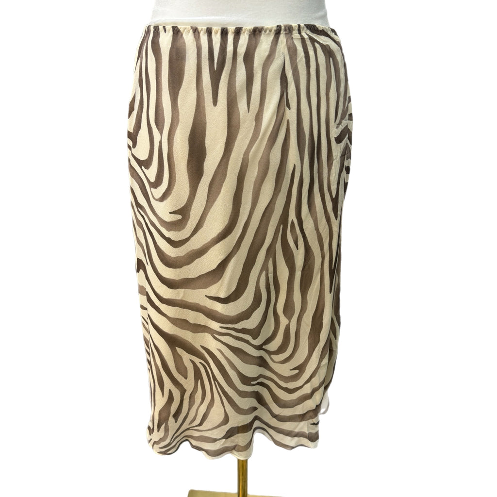 Vintage Y2K BANANA REPUBLIC 100% SILK Circa 2003 Midi Skirt Beige Zebra Mod Sz 8
