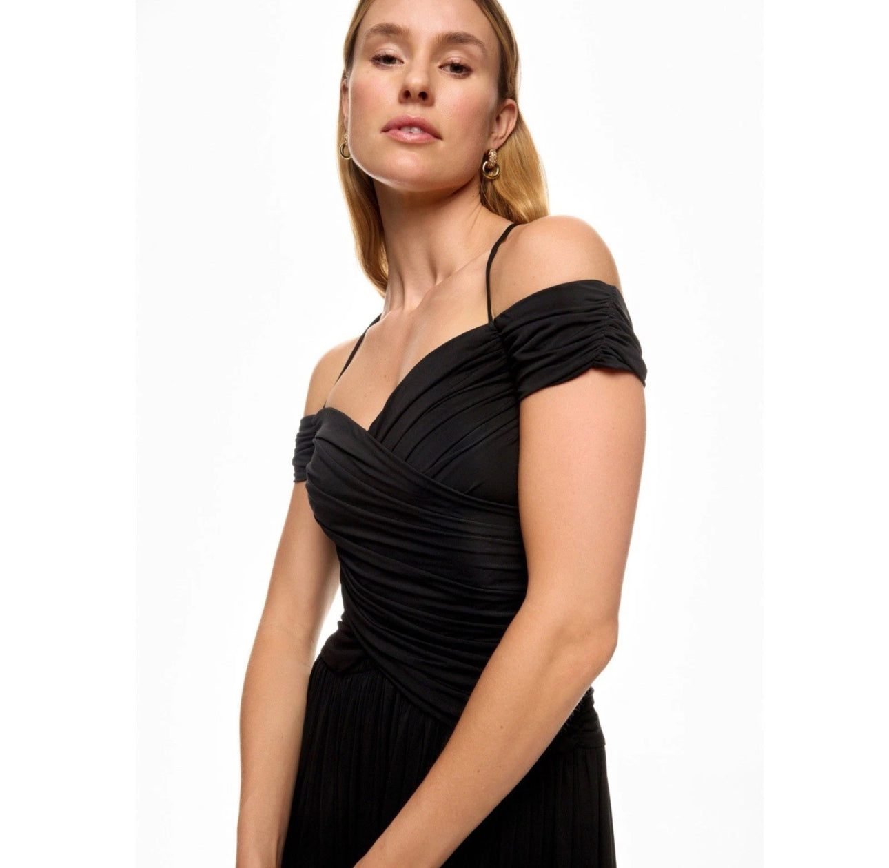 Rosetta Getty Collective Off Shoulder Black Ruched Midi Dress Sz 4 | MSRP $485
