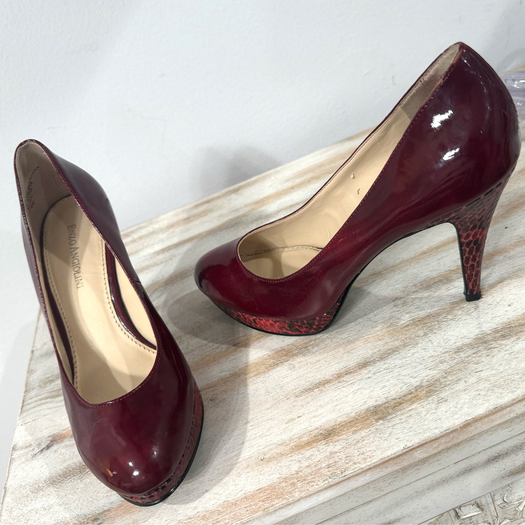 Enzo Angiolini High Heels Women’s Merlot Snake Skin Vegan Patent Leather Sz 6