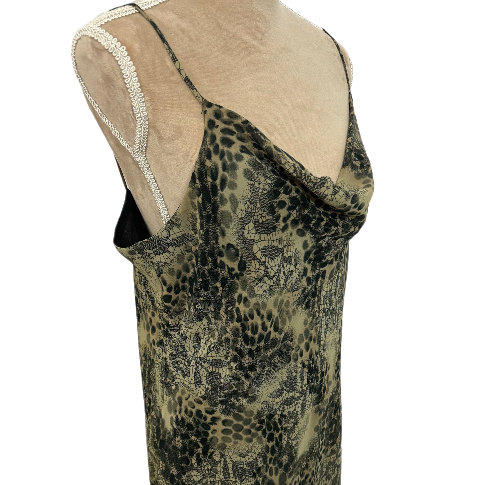 New York & Co 90s Style Midi Dress Abstract Green Spaghetti Strap Chiffon Sz 18