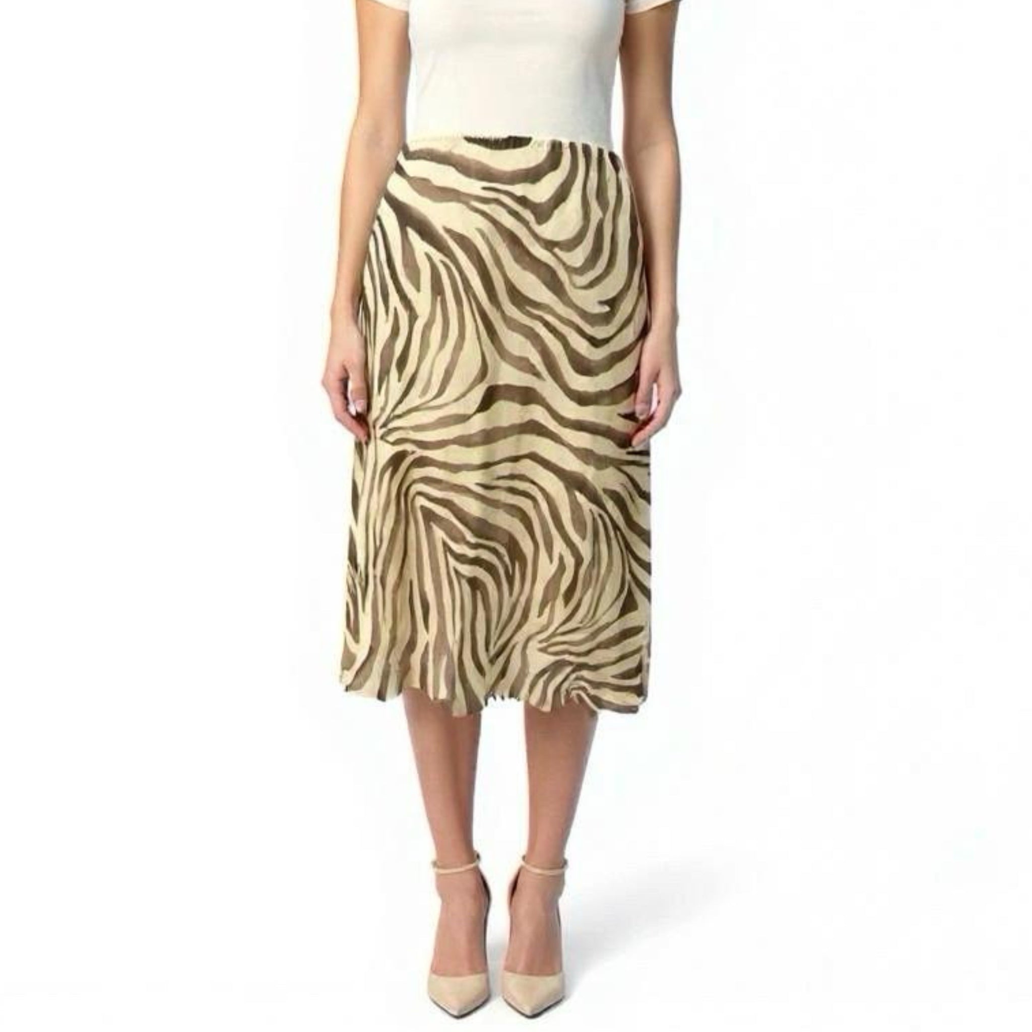 Vintage Y2K BANANA REPUBLIC 100% SILK Circa 2003 Midi Skirt Beige Zebra Mod Sz 8