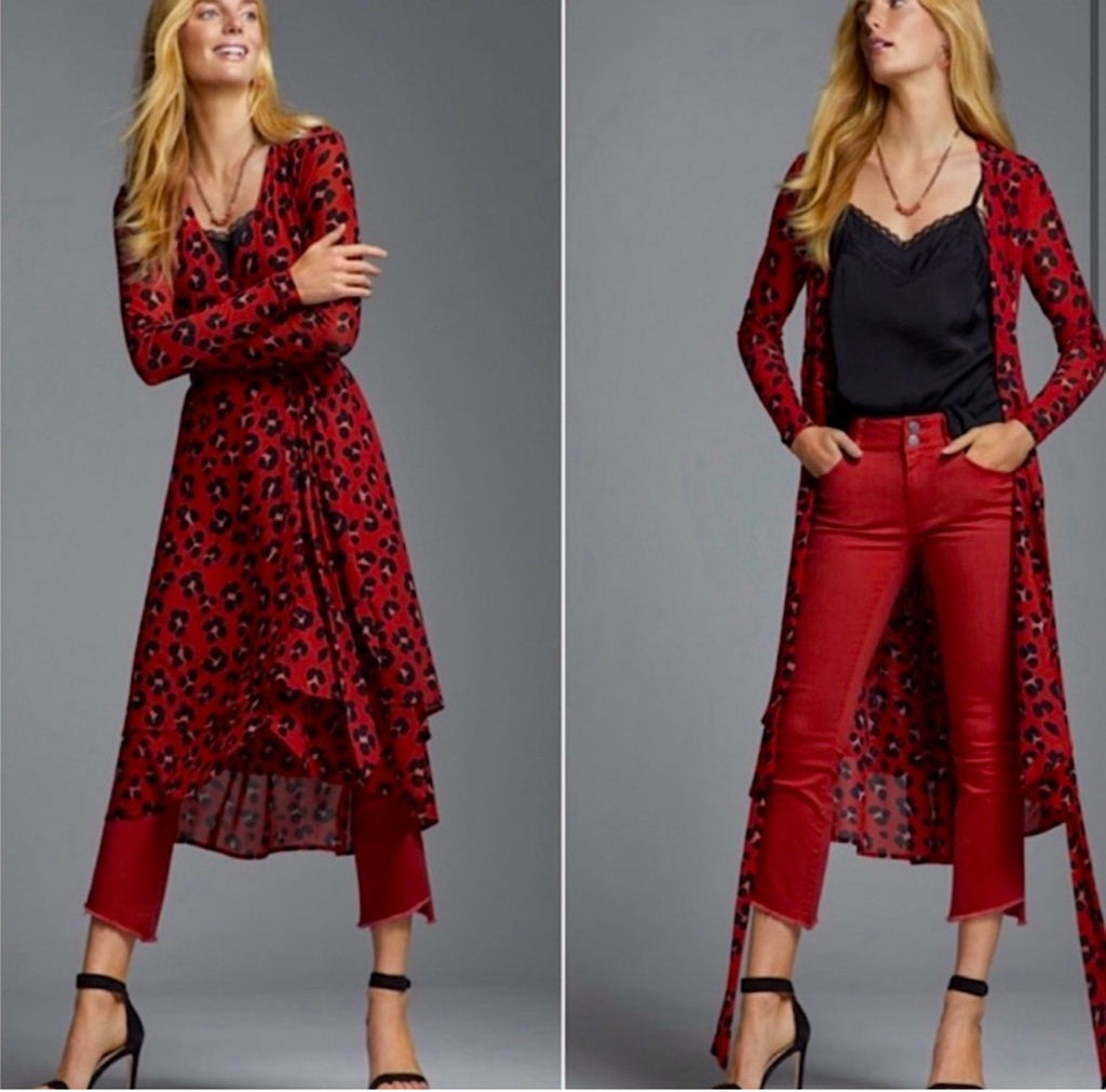 Cabi Siren Wrap Dress Red Leopard Print Midi Women’s Size XS Long Sleeve Chic