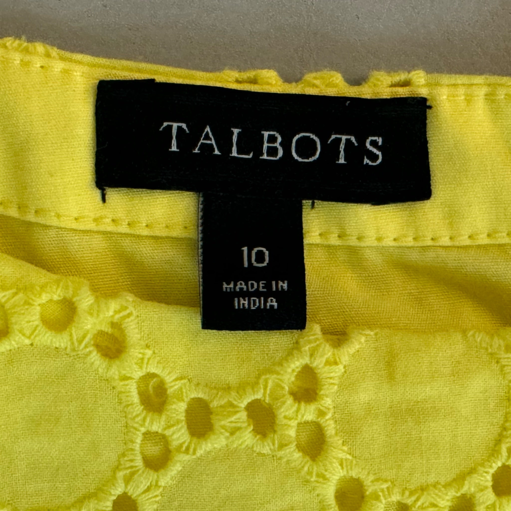 TALBOTS 100% Cotton Lemon Yellow Dress Preppy Lady Sheath Eyelet Knee Hem Sz 10