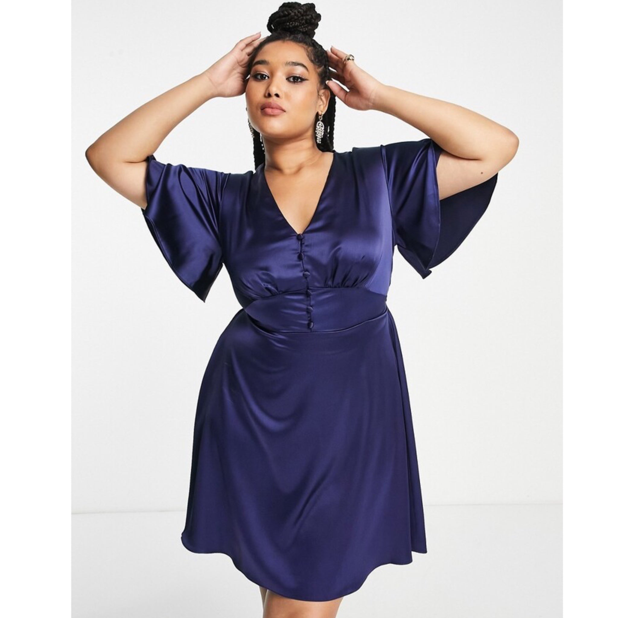 FLOUNCE LONDON Navy Satin Flutter Sleeve Mini Dress Short Sleeve V Neck Sz 16
