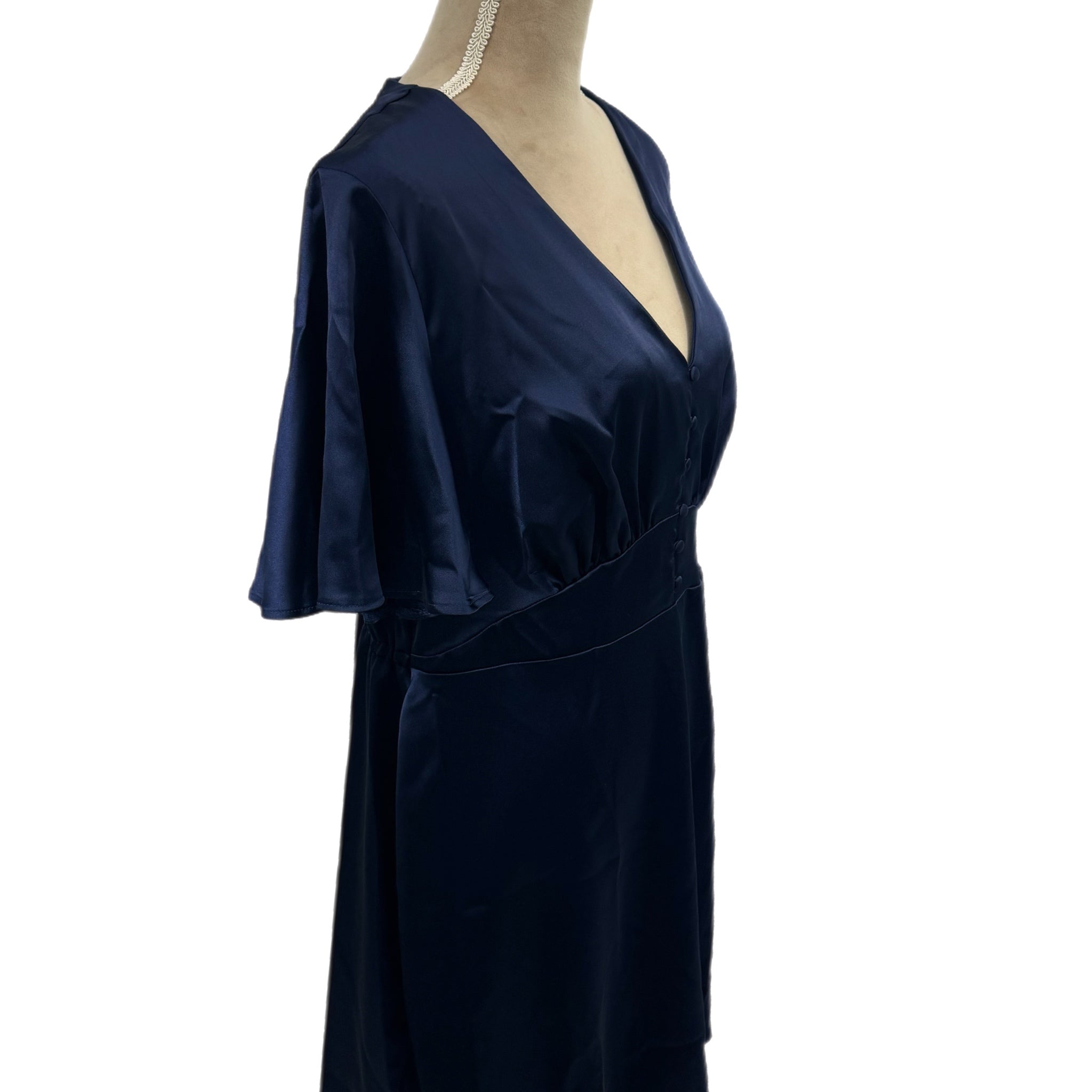 FLOUNCE LONDON Navy Satin Flutter Sleeve Mini Dress Short Sleeve V Neck Sz 16