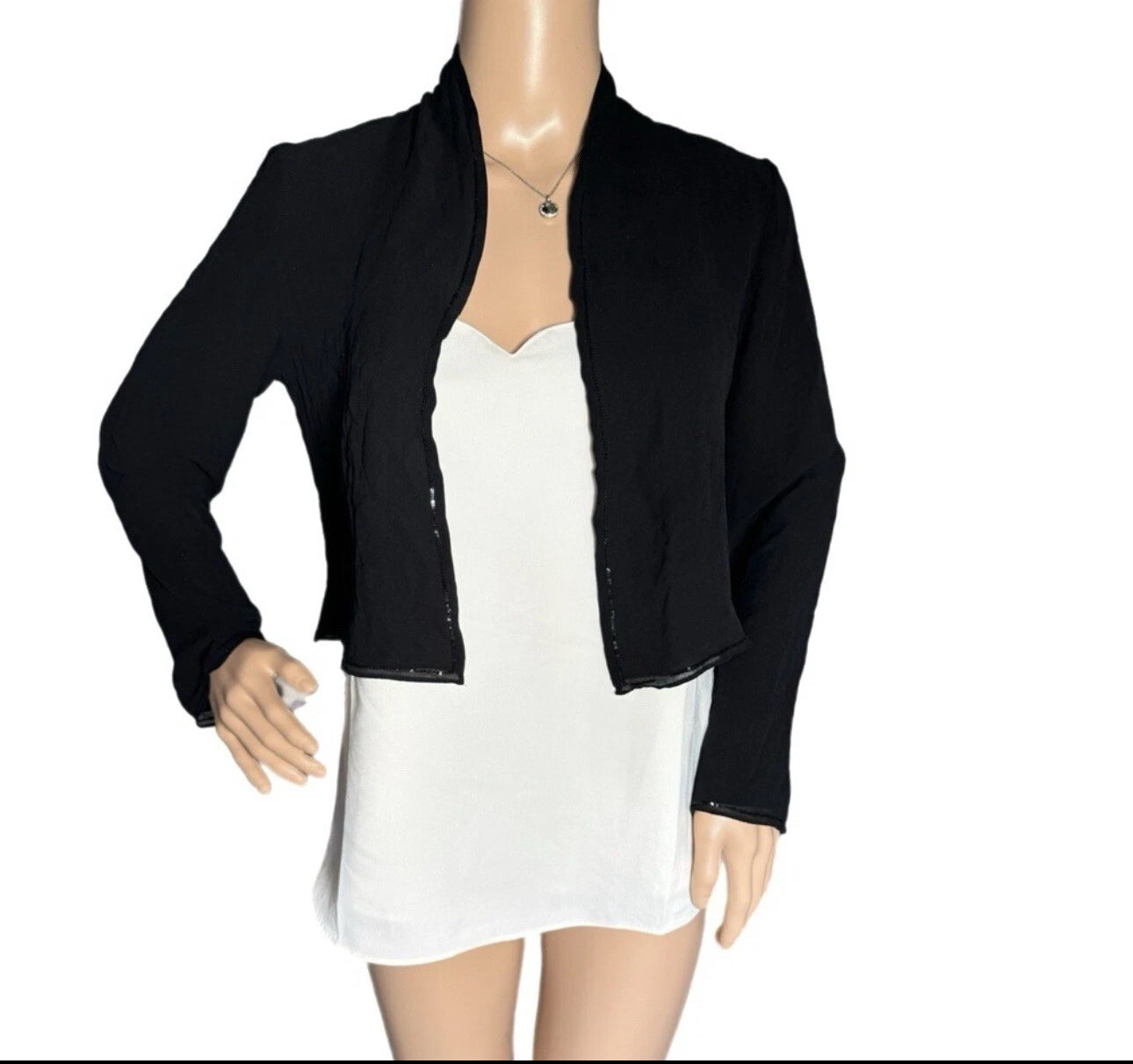 EILEEN FISHER 100% Silk Open Front Sheer BlouseBlack Sequin Trim Elegant Crop XS