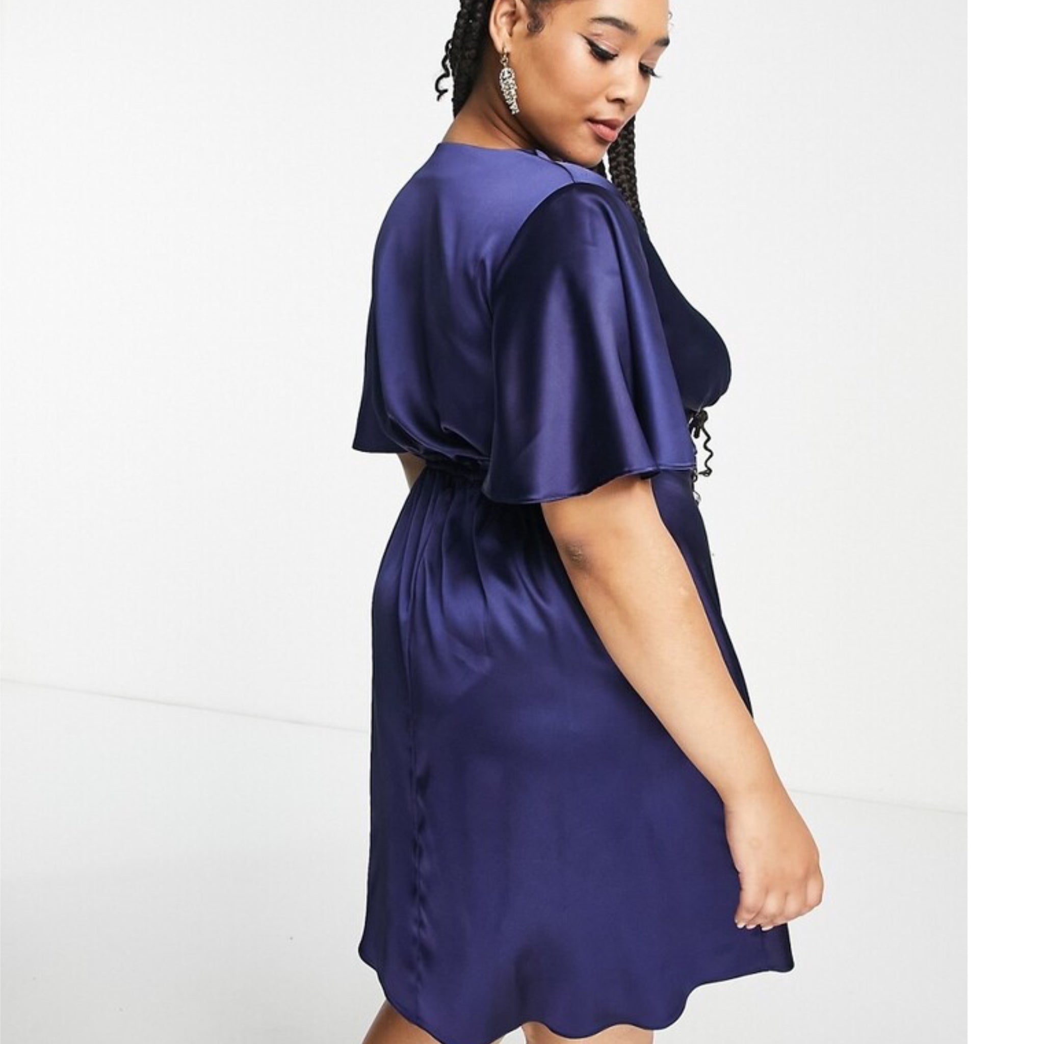 FLOUNCE LONDON Navy Satin Flutter Sleeve Mini Dress Short Sleeve V Neck Sz 16