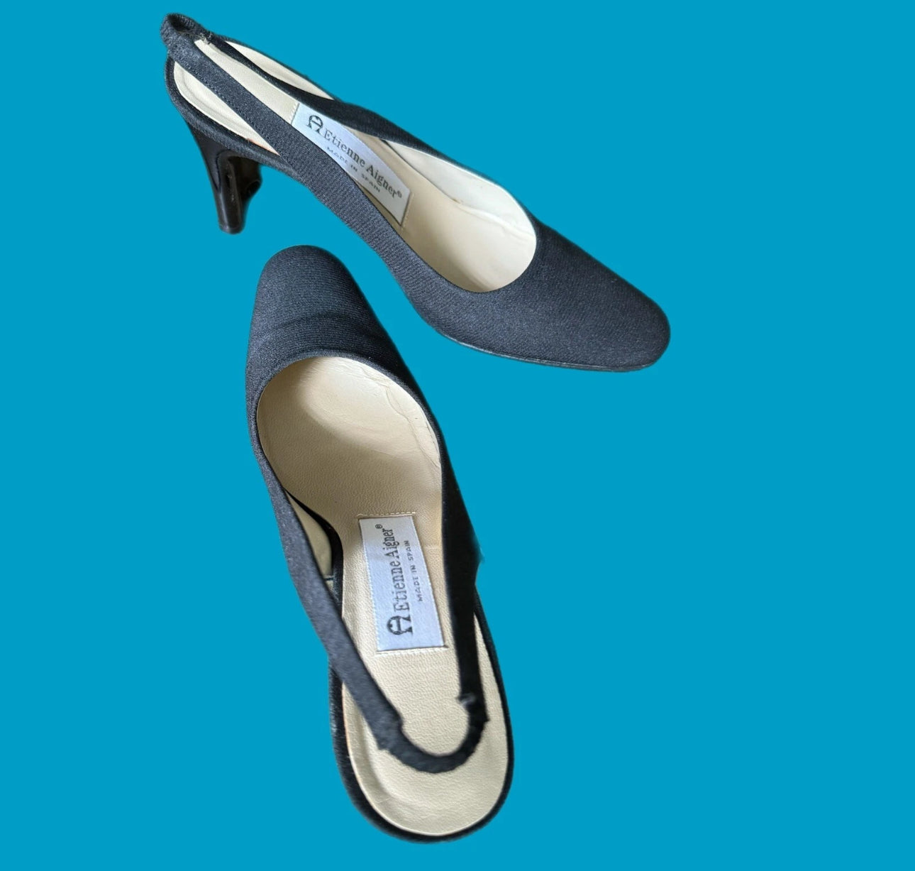 Vintage 90s Etienne Aigner Black Melrose Slingback Heels Leather Sole SPAIN 6.5