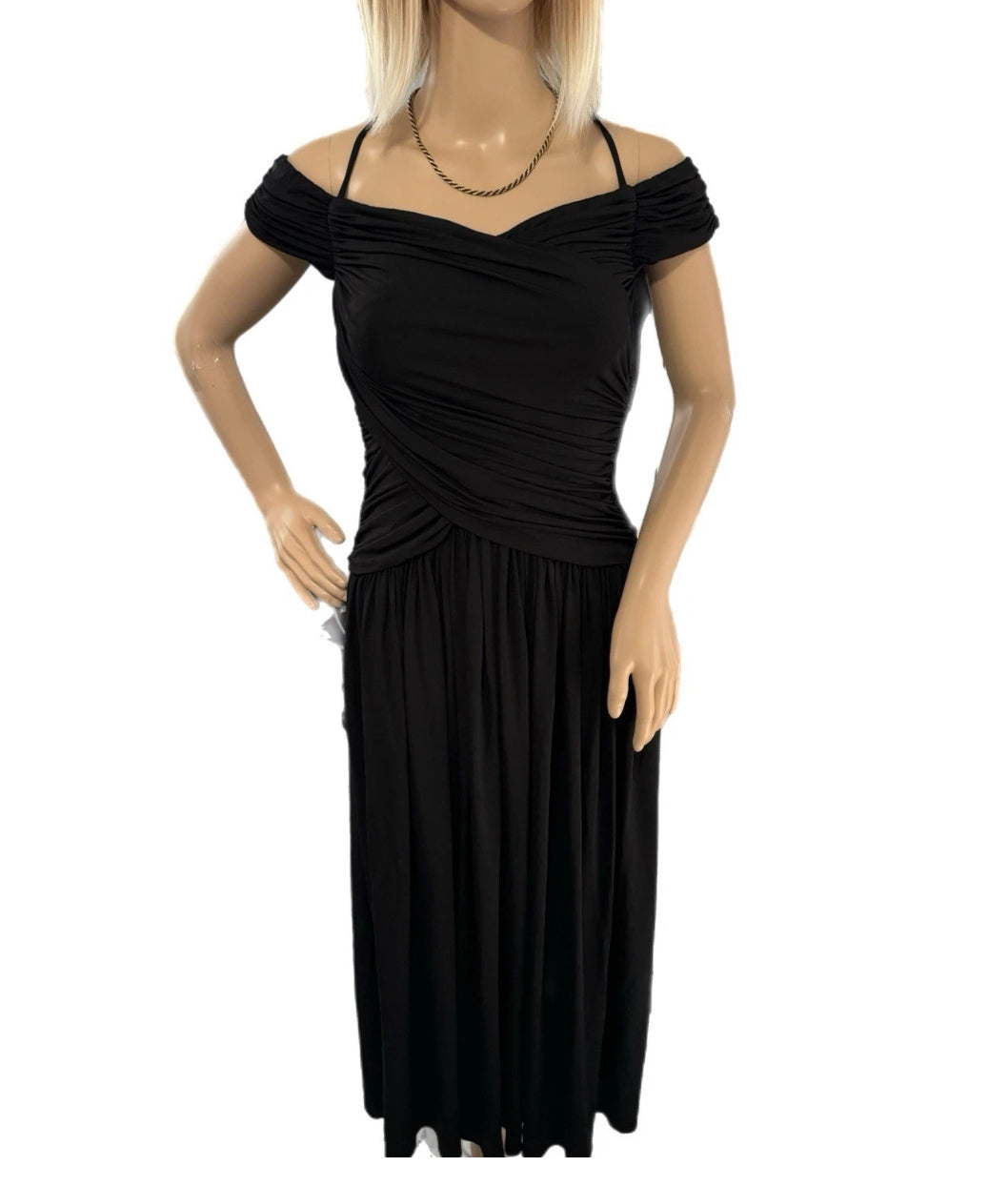 Rosetta Getty Collective Off Shoulder Black Ruched Midi Dress Sz 4 | MSRP $485