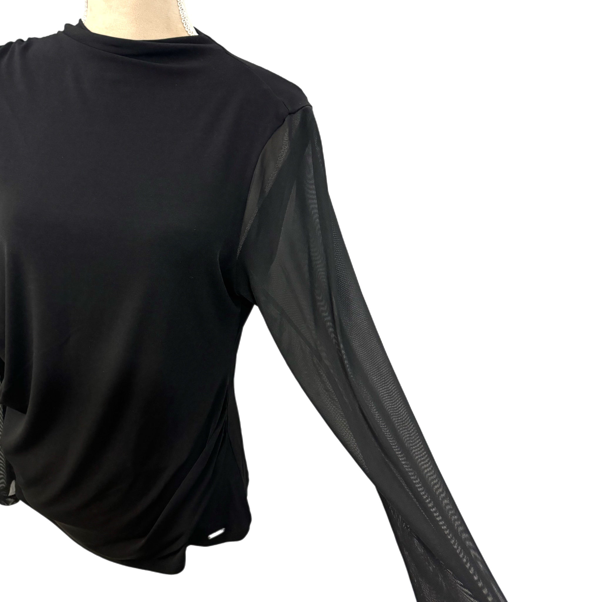 Calvin Klein Modern Essentials Black Blouse NWT Sheer Sleeve Women’s Size L