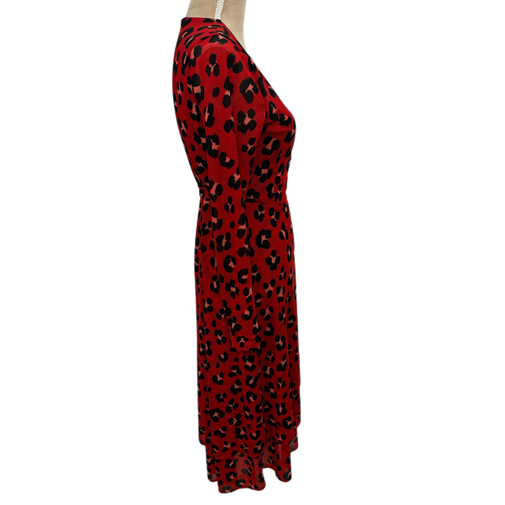 Cabi Siren Wrap Dress Red Leopard Print Midi Women’s Size XS Long Sleeve Chic