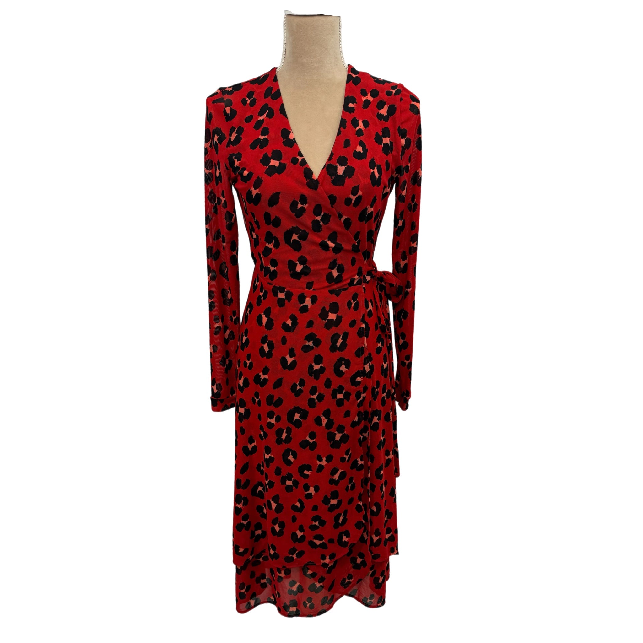 Cabi Siren Wrap Dress Red Leopard Print Midi Women’s Size XS Long Sleeve Chic