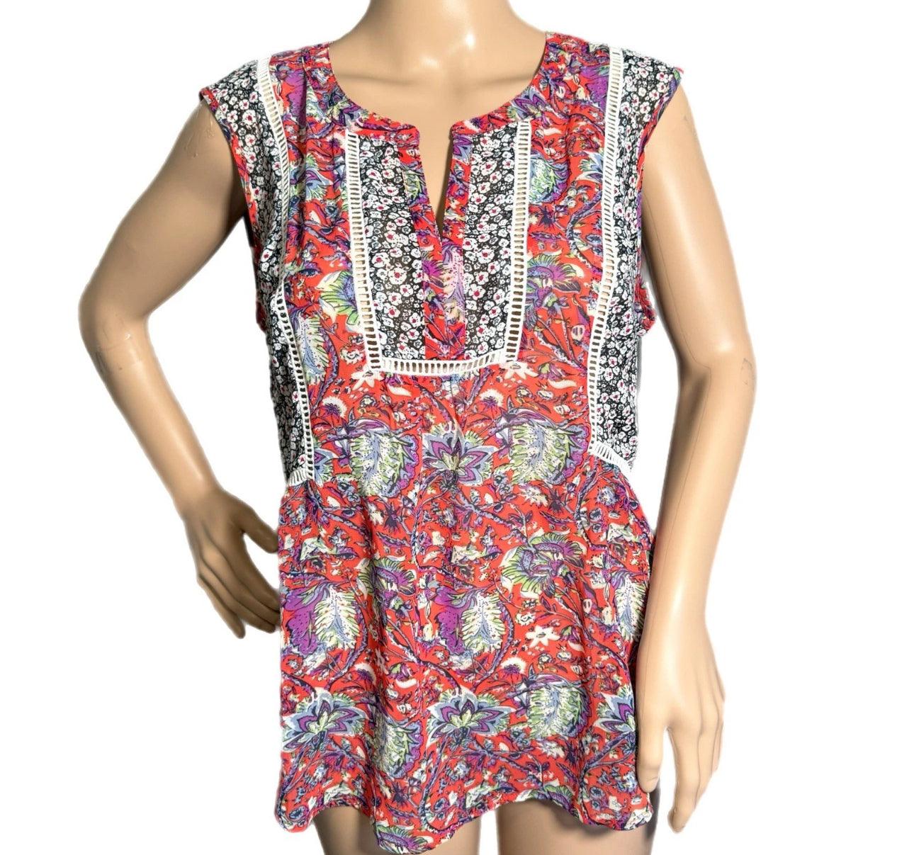 Anthropologie Meadow Rue Floral Sleeveless Blouse Boho Crochet Semi-Sheer Sz S