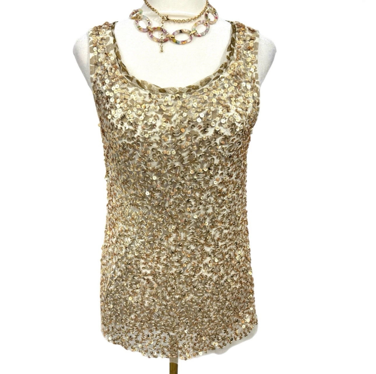 CHICOS 0 Gold Sequin Tank Top Shell Scoop Neck Contrast Print Blouse Sz S