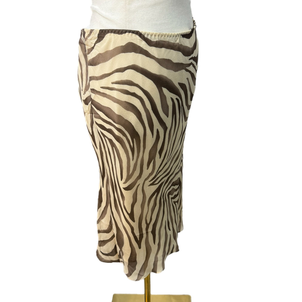 Vintage Y2K BANANA REPUBLIC 100% SILK Circa 2003 Midi Skirt Beige Zebra Mod Sz 8