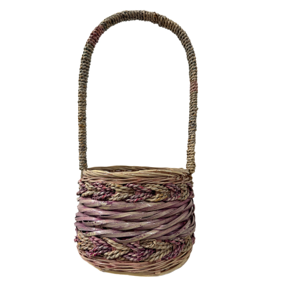 Vintage Basket Cottage House Tall Arched Handle Wicker Woven Twist Design 13x6”